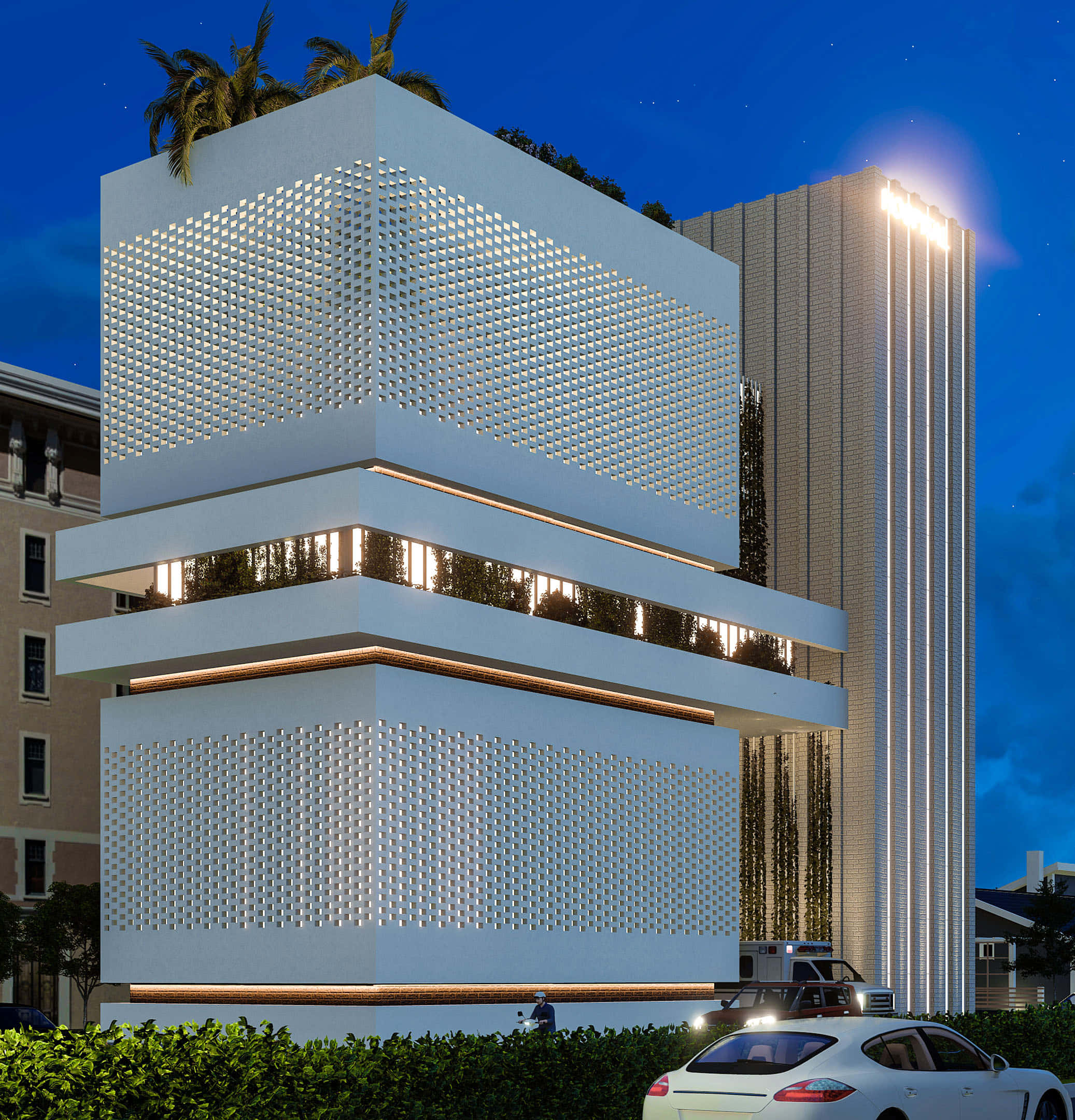 Minimalist Architecture 桌布 壁紙 — 一座現代白色幾何建築，帶有發光的穿孔面板和屋頂棕櫚樹，在繁星點點的夜空下閃耀。