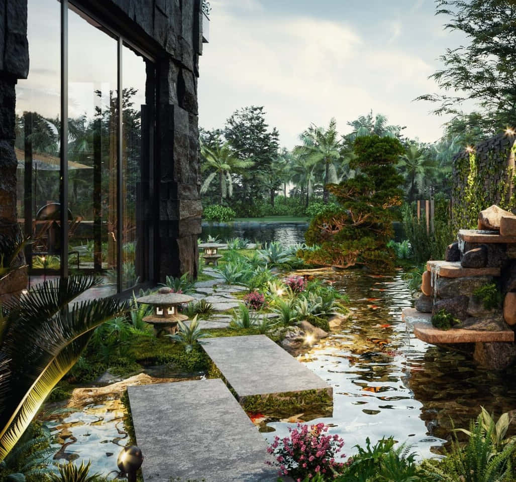 3d Landscape 桌布 壁紙 — 一座現代石屋，玻璃牆俯瞰著寧靜的熱帶花園，設有錦鯉池、石徑和柔和日光下的茂密綠植。