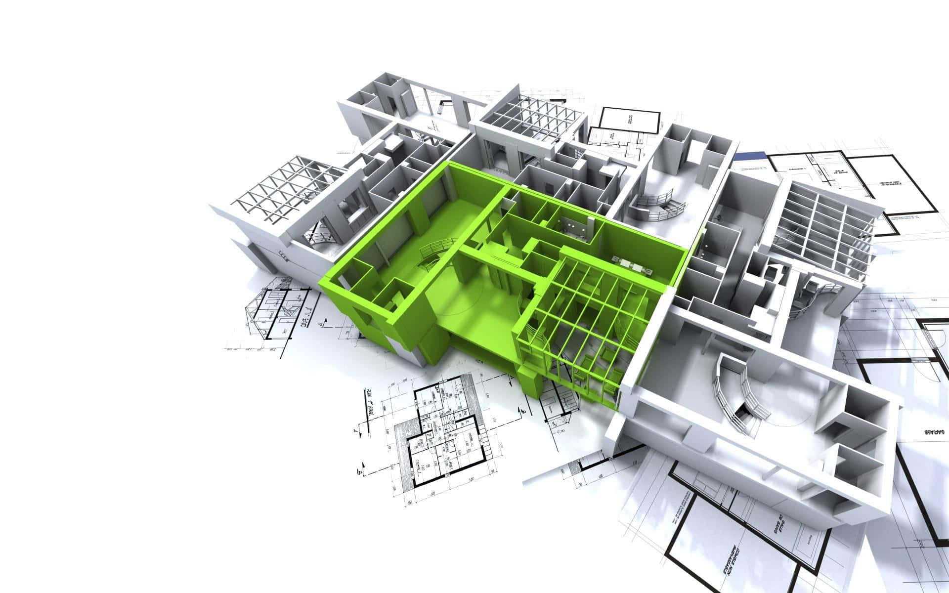藍圖上的3D建築模型，帶有綠色核心