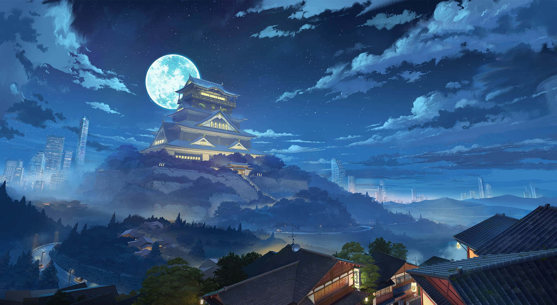 Moba Games 桌布 壁紙 — 一座發光的傳統日本城堡坐落在山丘上，巨大的滿月下，遠處是未來主義的城市天際線。