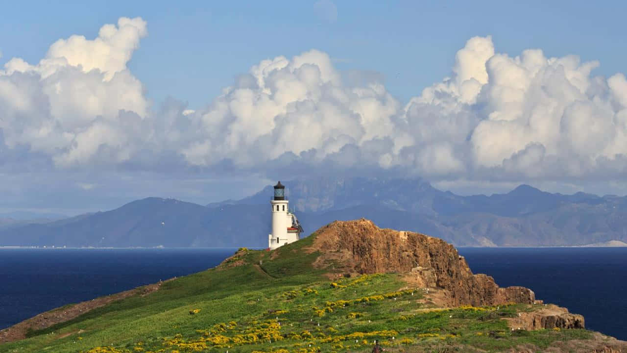 California Island 桌布 壁紙 — 一座白色燈塔矗立在長滿青草的懸崖上，俯瞰著深藍色的海洋、遠山和蓬鬆的雲朵，天空晴朗。