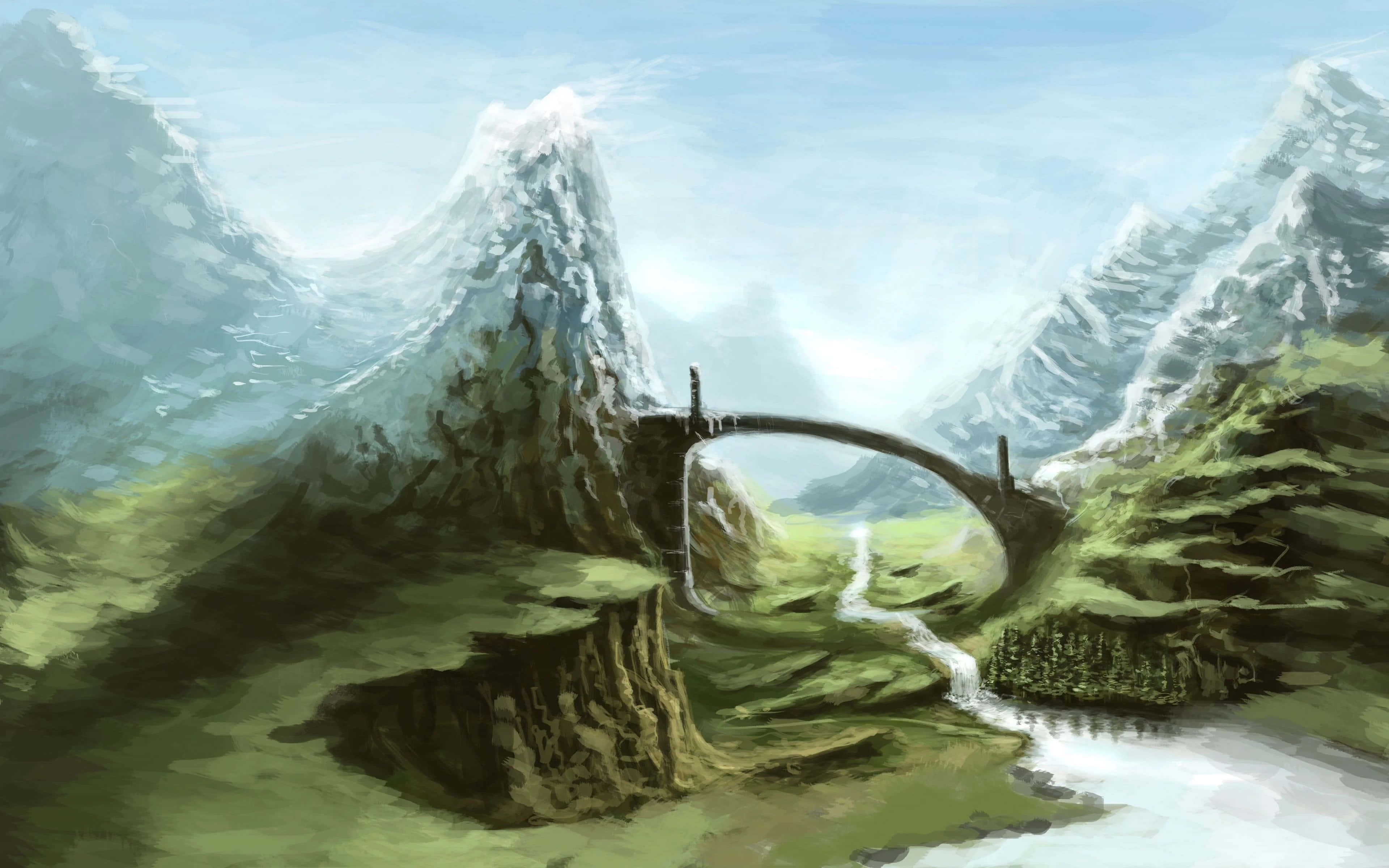 Skyrim Landscapes 桌布 壁紙 — 一座石拱橋橫跨蜿蜒的河流，穿過鬱鬱蔥蔥的山谷，兩旁是高聳的雪山，在柔和的藍天下。