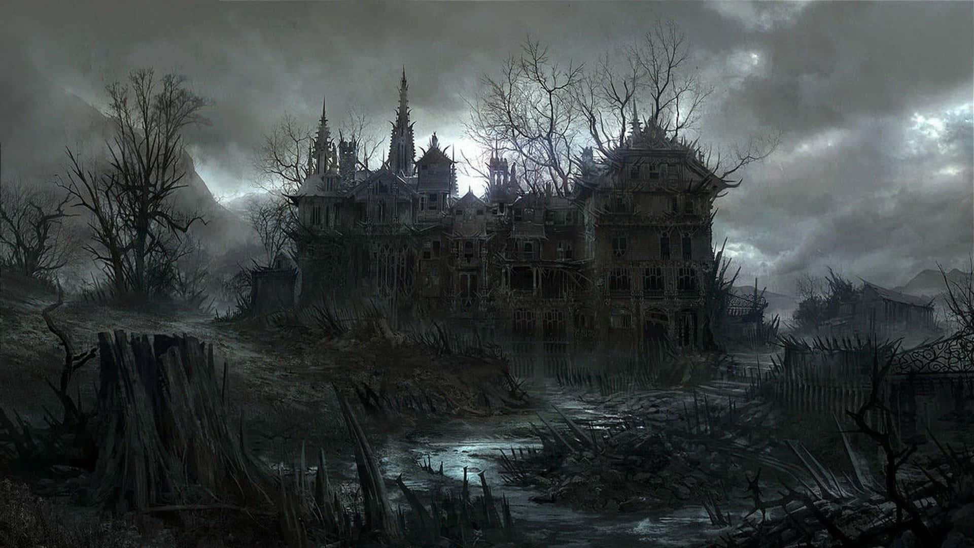haunted 桌布 壁紙 — 一座破敗的哥德式大宅被遺棄在暴風雨的灰色天空下，周圍環繞著枯樹和渾濁的水。