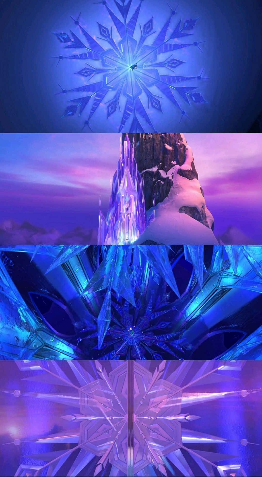 冰雪城堡 桌布 壁紙 — 一座神奇的冰城堡，在暮色天空下閃爍著藍色和紫色的發光雪花。
