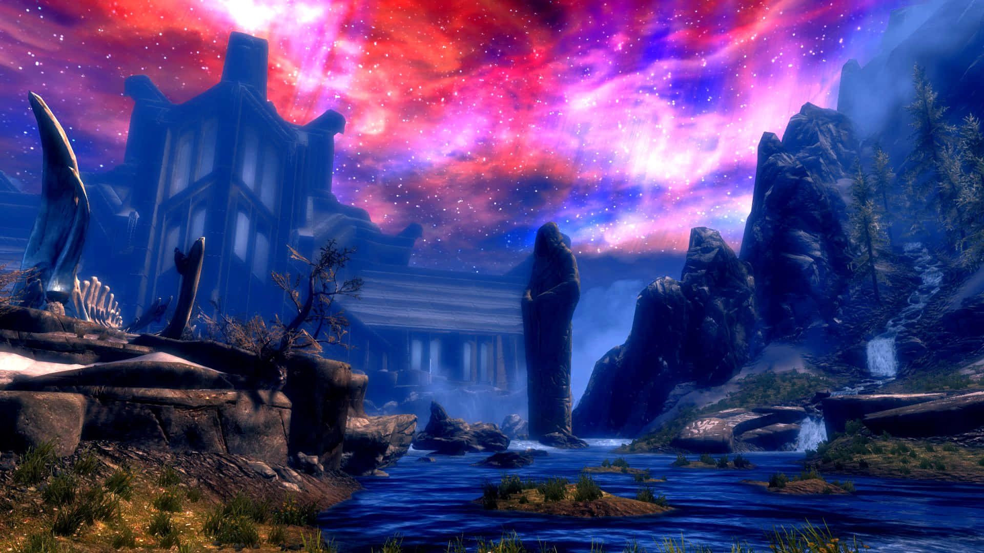 Sovngarde 桌布 壁紙 — 一座神秘的廢墟矗立在河邊，上方是充滿活力的宇宙天空，點綴著粉紅、紫色和藍色的星星。