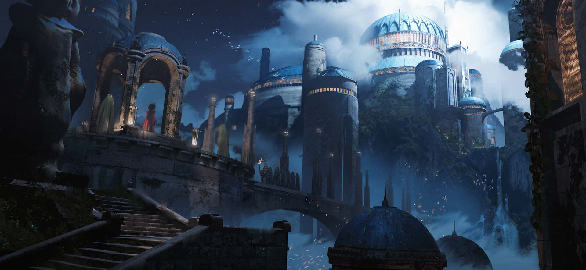 Naboo 桌布 壁紙 — 一座神秘的浮空城市，擁有圓頂塔樓和石橋，在星空下閃耀。
