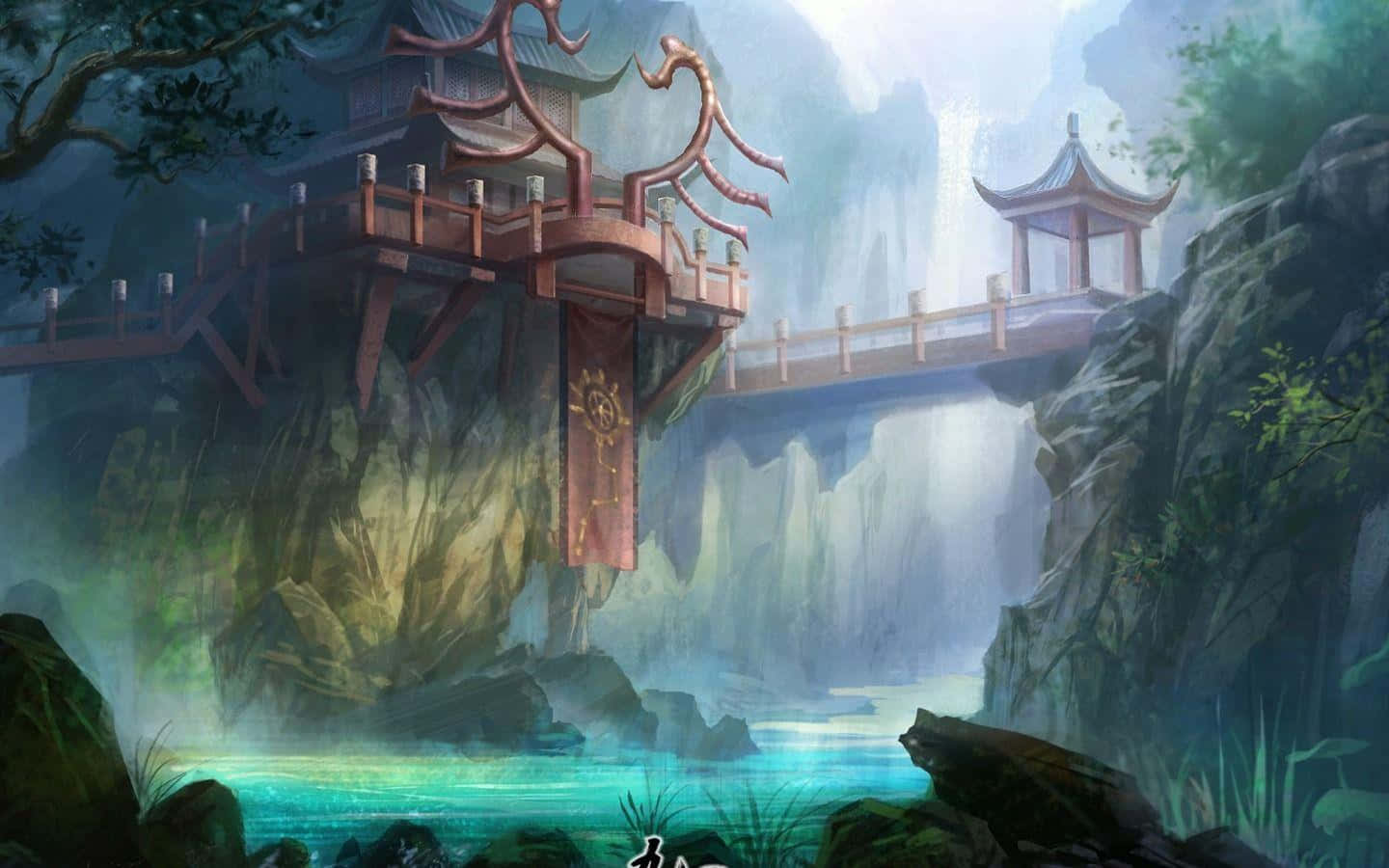 3d Fantasy 桌布 壁紙 — 一座神秘的漂浮寺廟，帶有華麗的紅色欄杆和一面橫幅，懸掛在霧氣瀰漫的山谷中發光的碧綠河流之上。