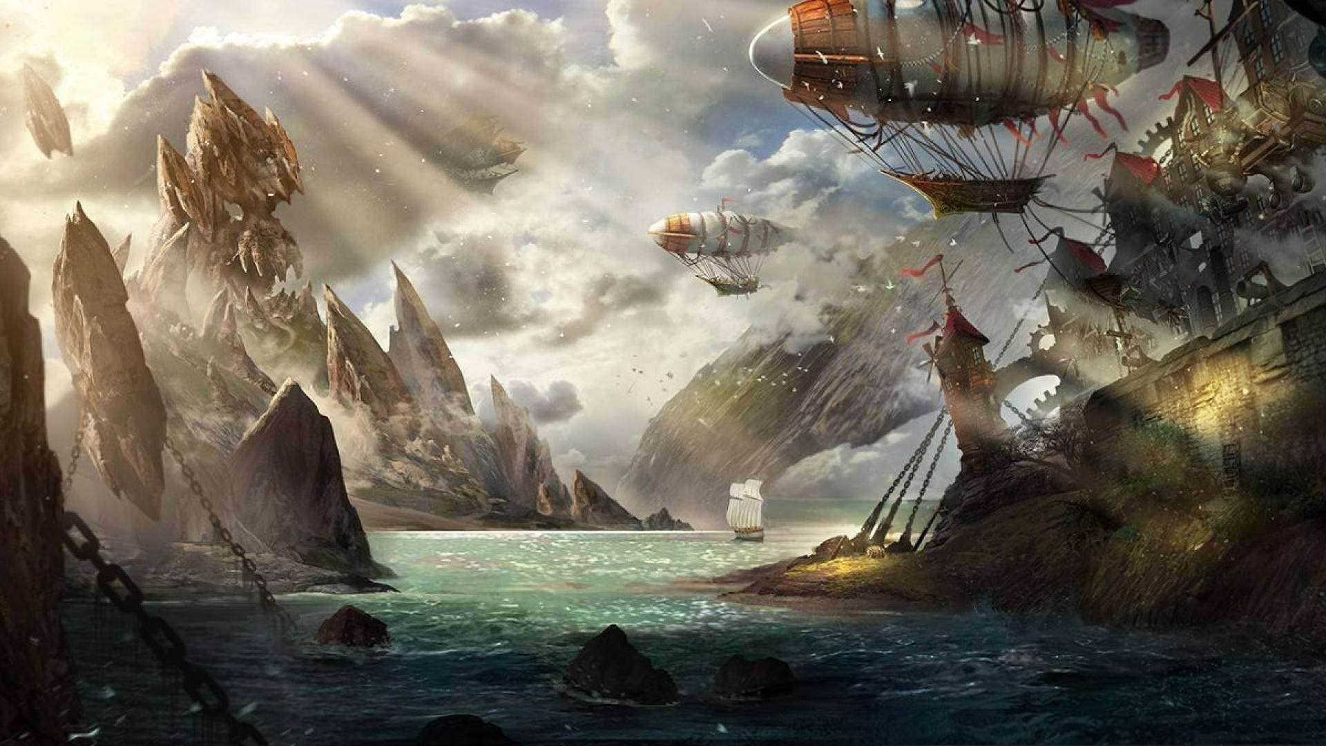 幻想場景，漂浮的飛船在岩石海上，下方是戲劇性的雲層。