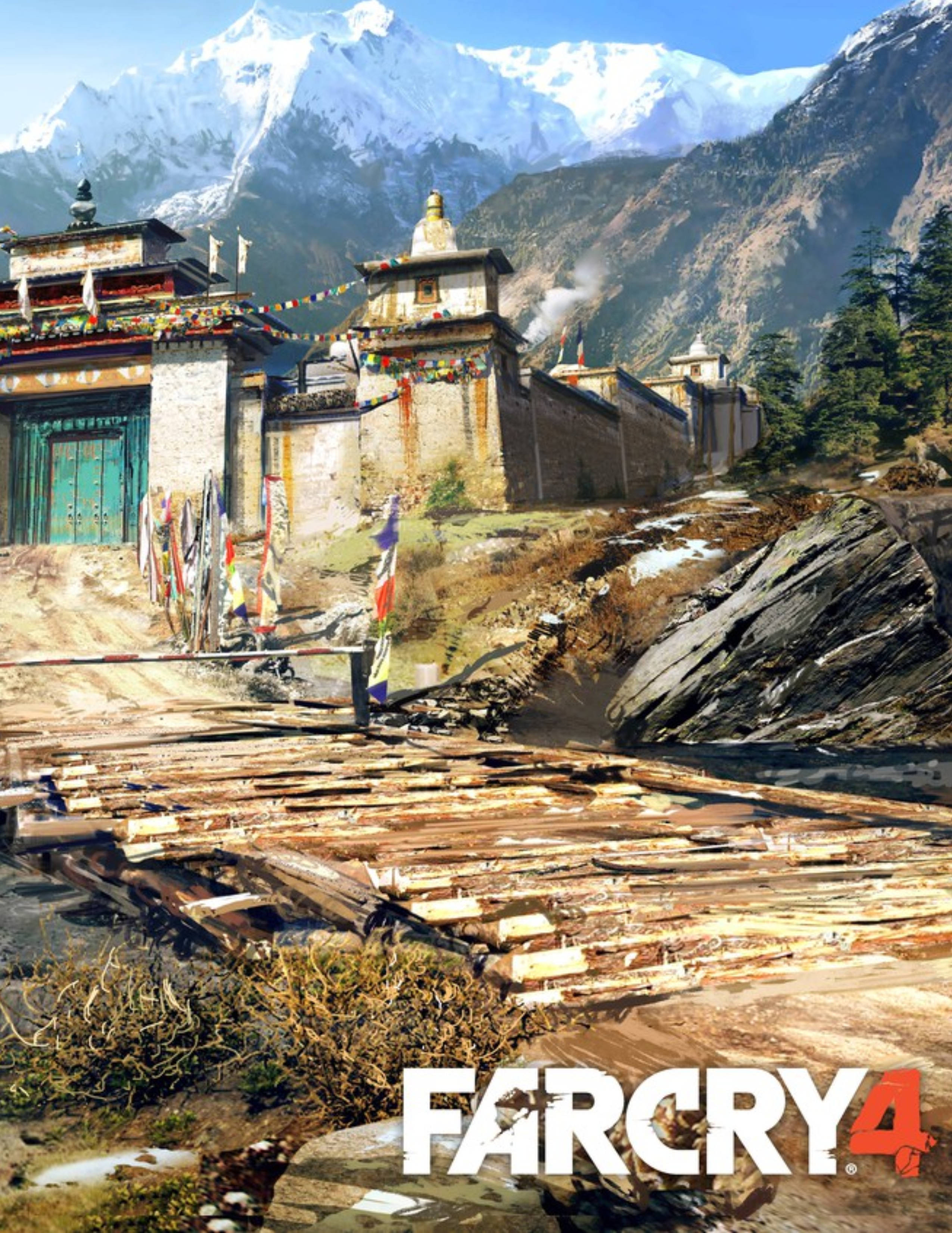 far cry iPhone 桌布 壁紙 — 一座積雪的山峰聳立在一個風化的寺廟建築群之上，經幡在風中飄揚。