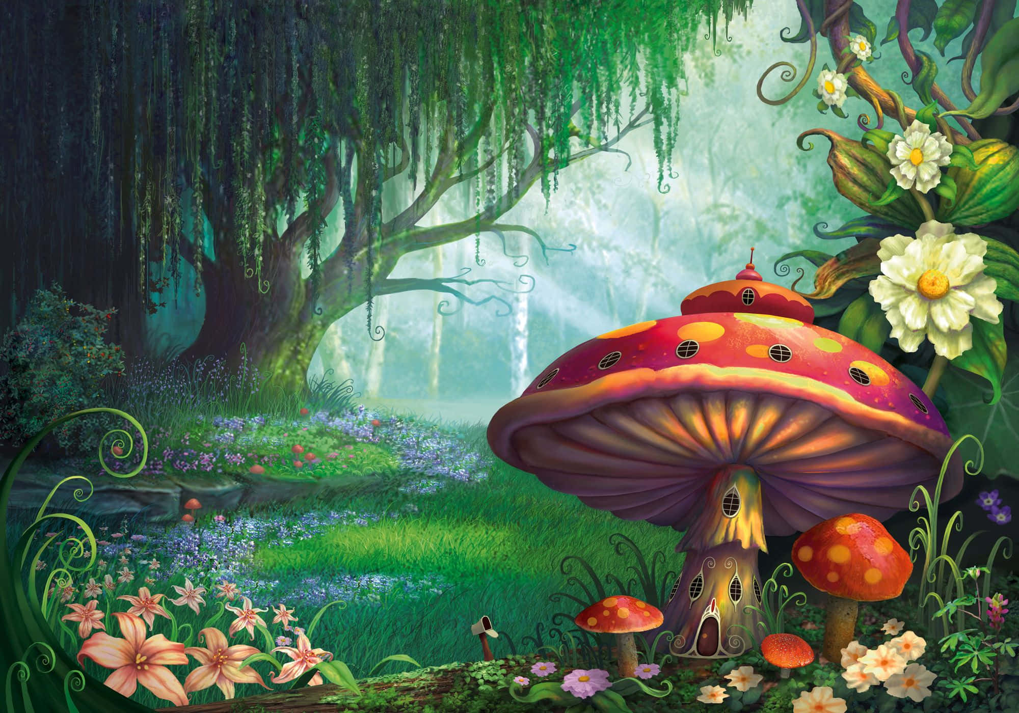 Enchanted Forest 桌布 壁紙 — 一座童話蘑菇屋，坐落在茂密的魔法森林中，周圍有瀑布般的藤蔓和發光的花朵。