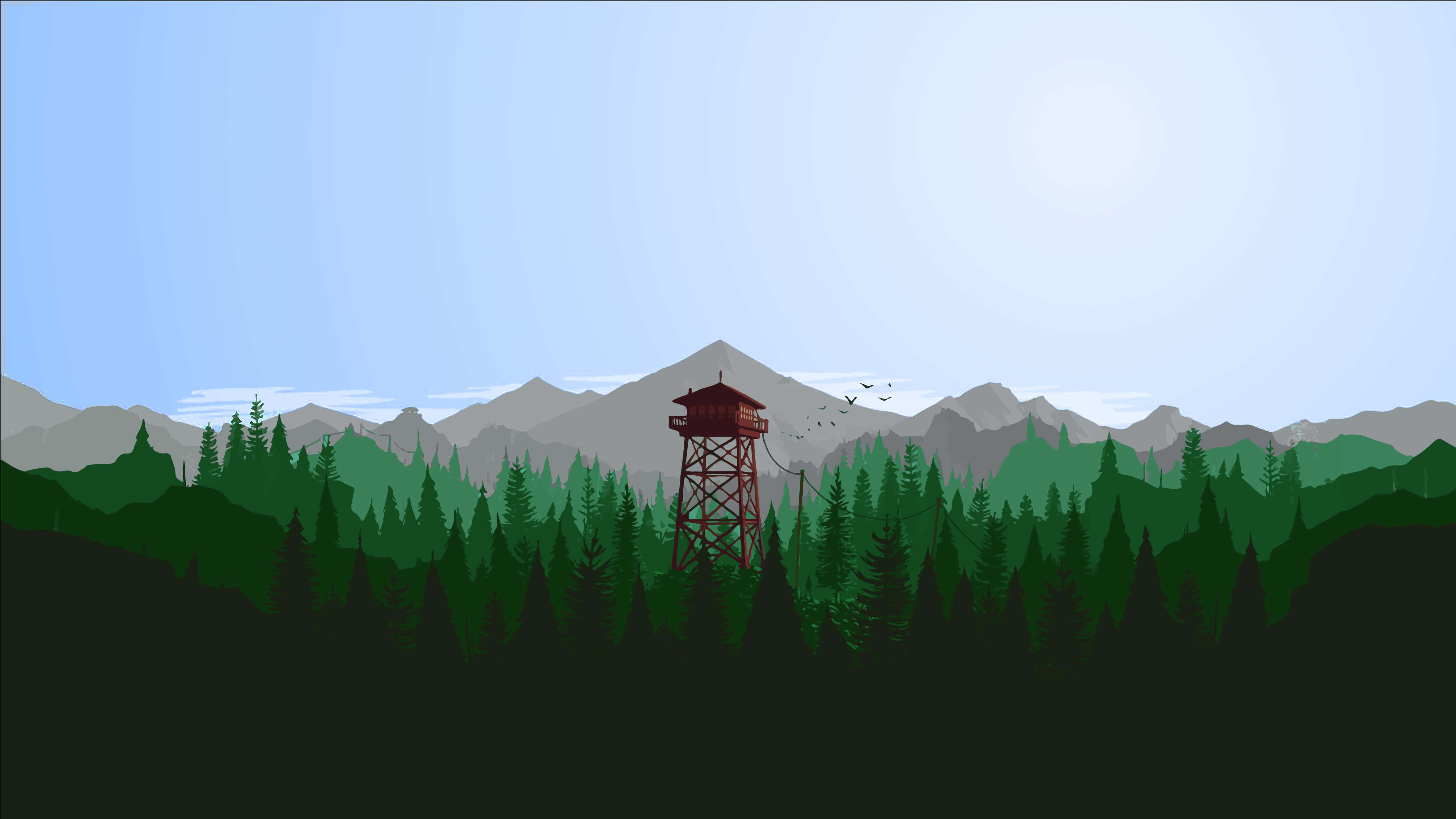 Firewatch 桌布 壁紙 — 一座紅色消防瞭望塔聳立在茂密的綠色森林中，遠處有山脈，天空清澈湛藍。