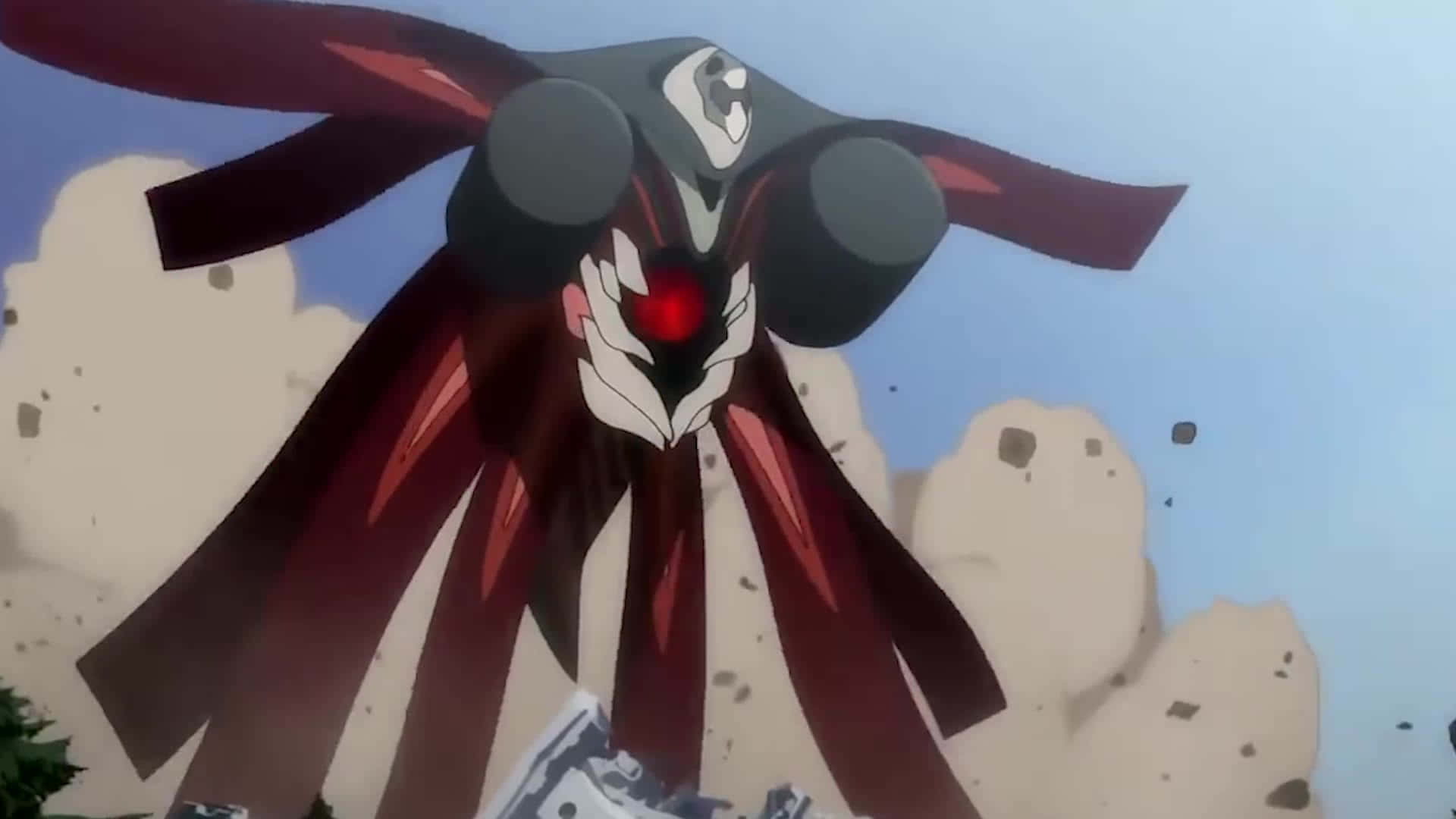 Adam Evangelion 桌布 壁紙 — 一座紅黑相間的動漫機甲，帶有發光的紅色核心，矗立在晴朗天空下的灰塵和碎片中。