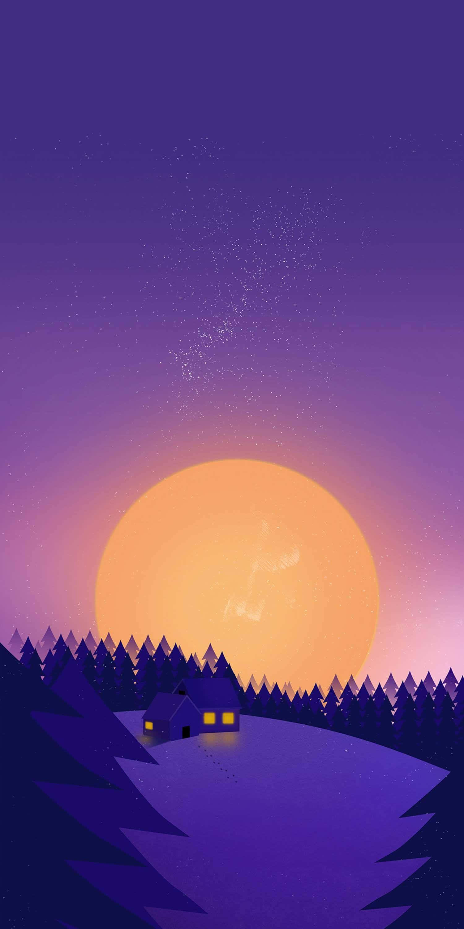 Minimalist Phone 桌布 壁紙 — 一座舒適的小屋坐落在雪地樹林中，上方是巨大的發光太陽和繁星點點的紫色天空。