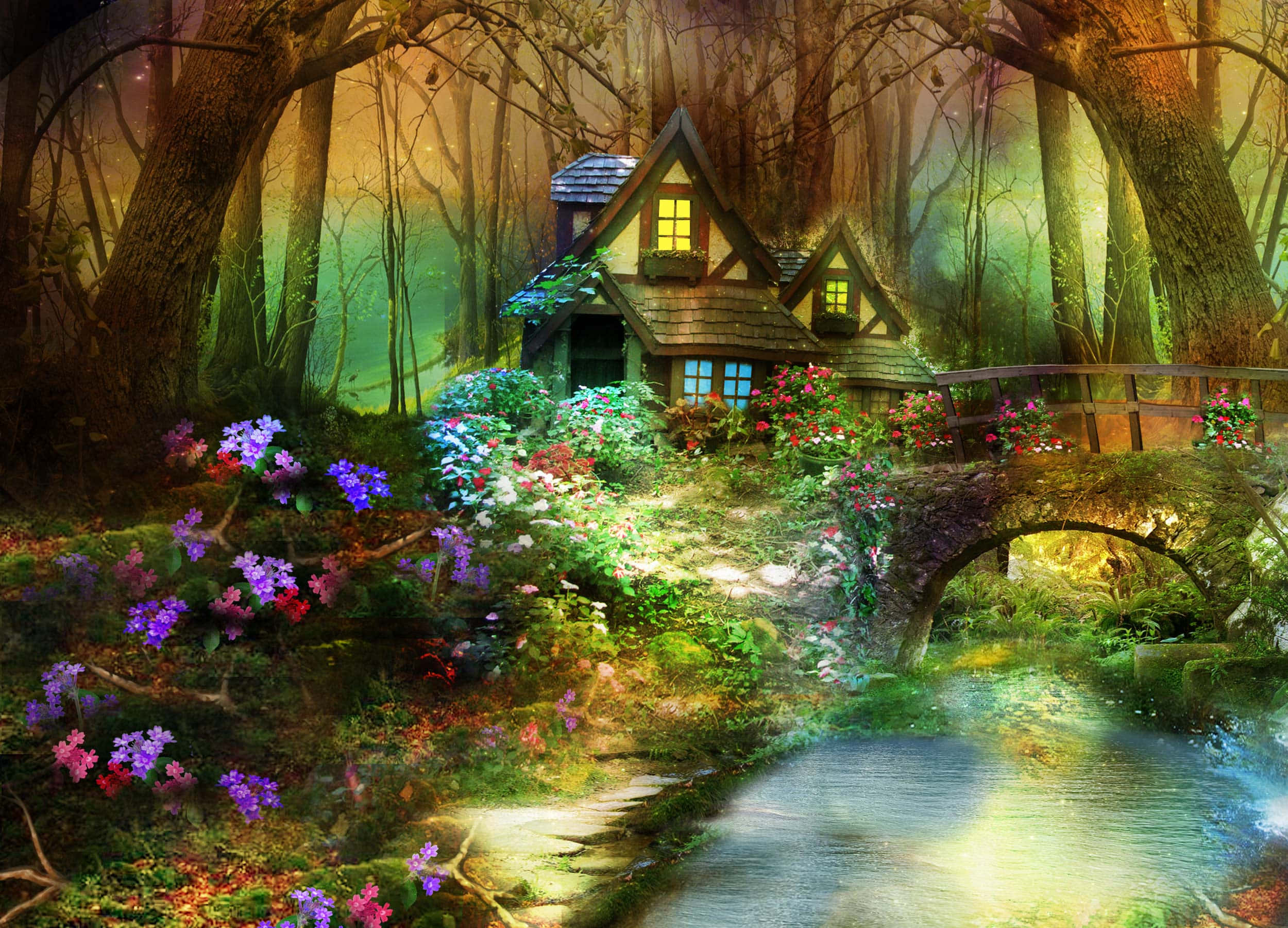 3d Forest 桌布 壁紙 — 一座舒適的小屋坐落在魔法森林中，有發光的窗戶、溪流上的石橋，以及充滿活力的紫色和粉紅色花朵。