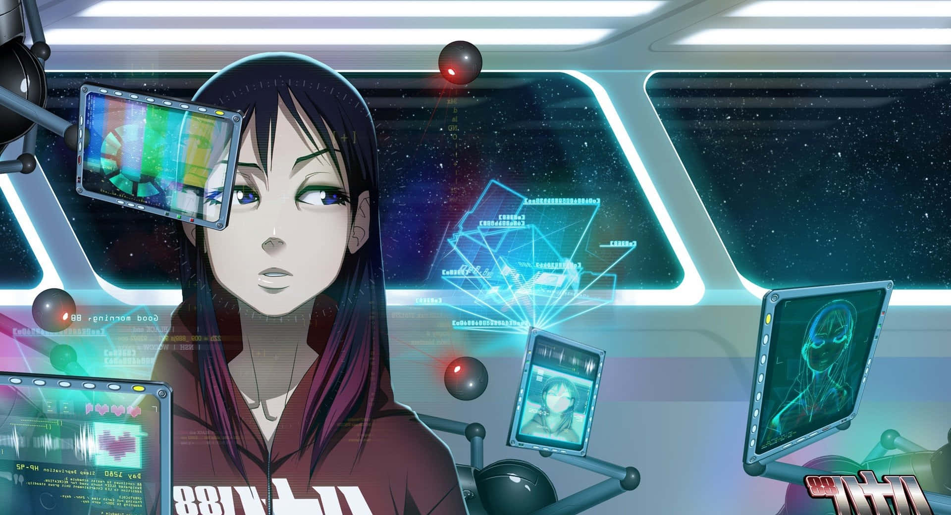 太空船駕駛艙中的動漫女孩，配備全息顯示屏和星空景觀。