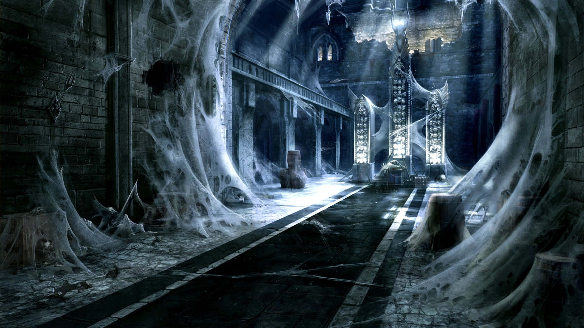 Dark Realm 桌布 壁紙 — 一座被厚厚蜘蛛網覆蓋的廢棄大教堂，詭異美麗，破碎的彩繪玻璃窗透出陰森的光線。
