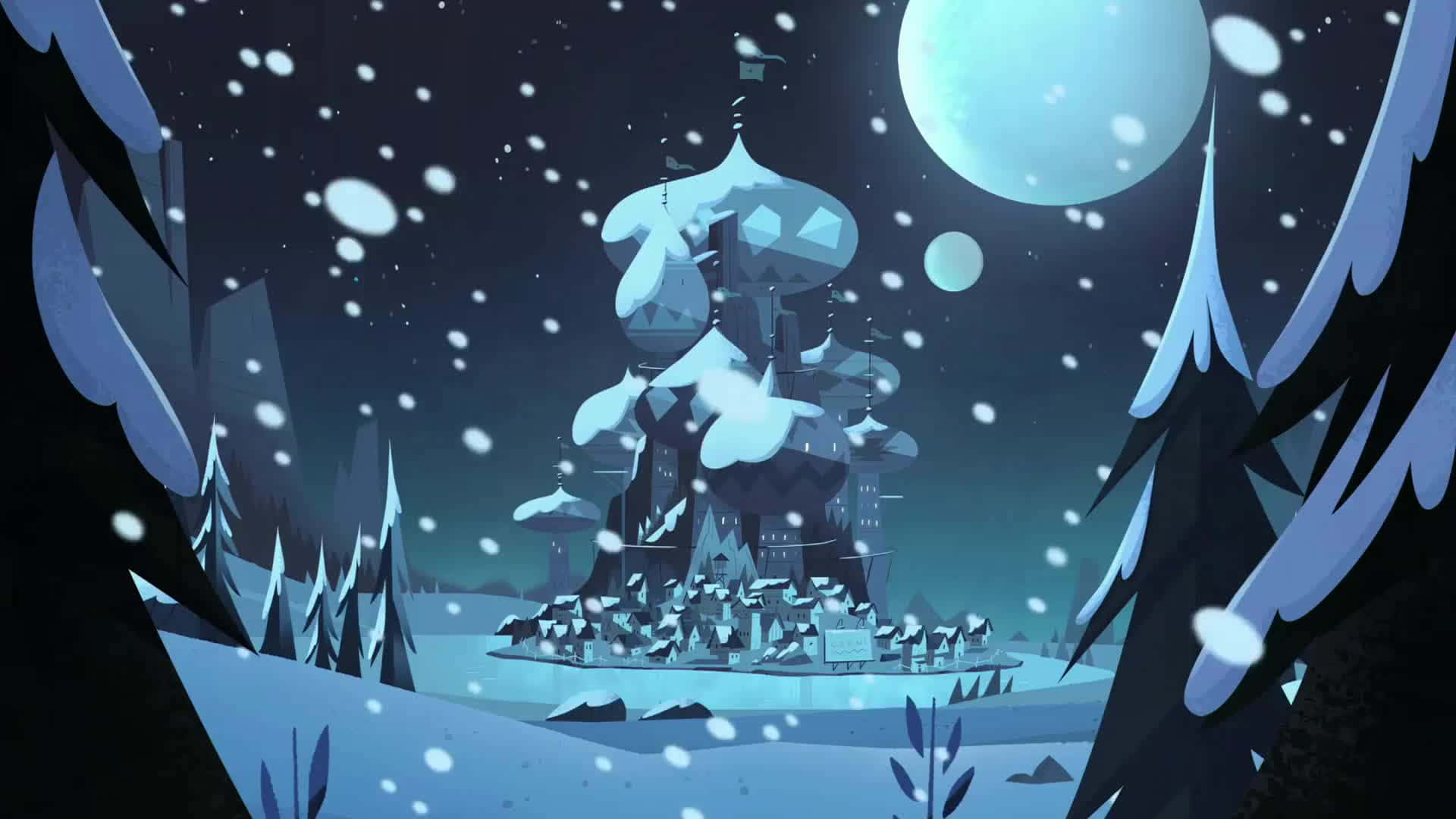 Star Vs The Forces Of Evil 桌布 壁紙 — 一座被雪覆蓋的城堡，坐落在冬季森林中，在閃爍的月亮下，雪花飄落。