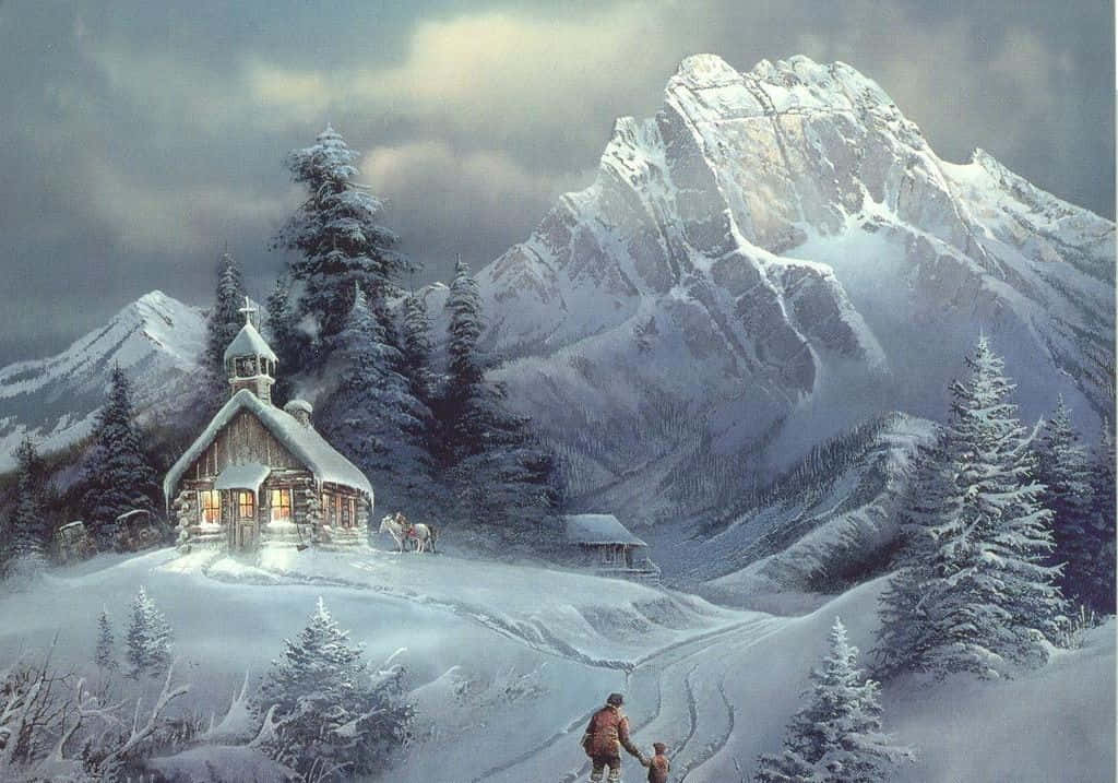 Winter Art 桌布 壁紙 — 一座被雪覆蓋的小教堂在巍峨的山巒映襯下溫暖地發光，一對情侶穿過冬季森林朝它走去。