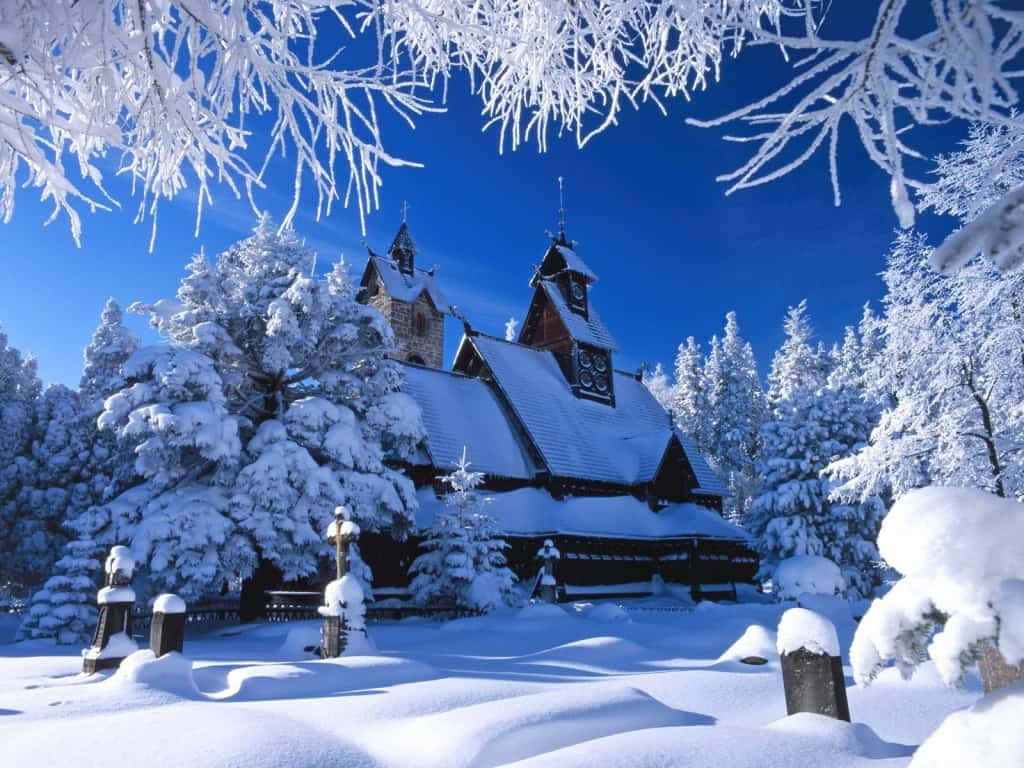 冬天桌面 桌布 壁紙 — 一座被雪覆蓋的木製教堂在霜凍樹枝框住的鮮豔藍天下寧靜地矗立。