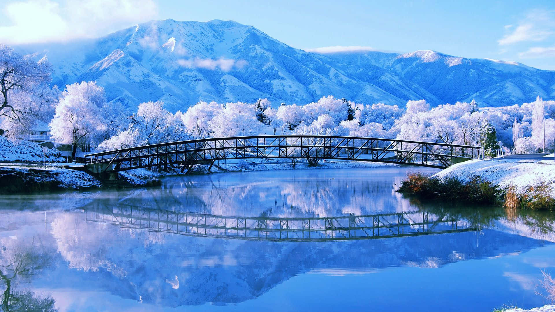 Winter Blues 桌布 壁紙 — 一座被雪覆蓋的橋樑拱起在平靜的藍色河流上，倒映著白雪皚皚的山脈和結霜的樹木，天空晴朗。