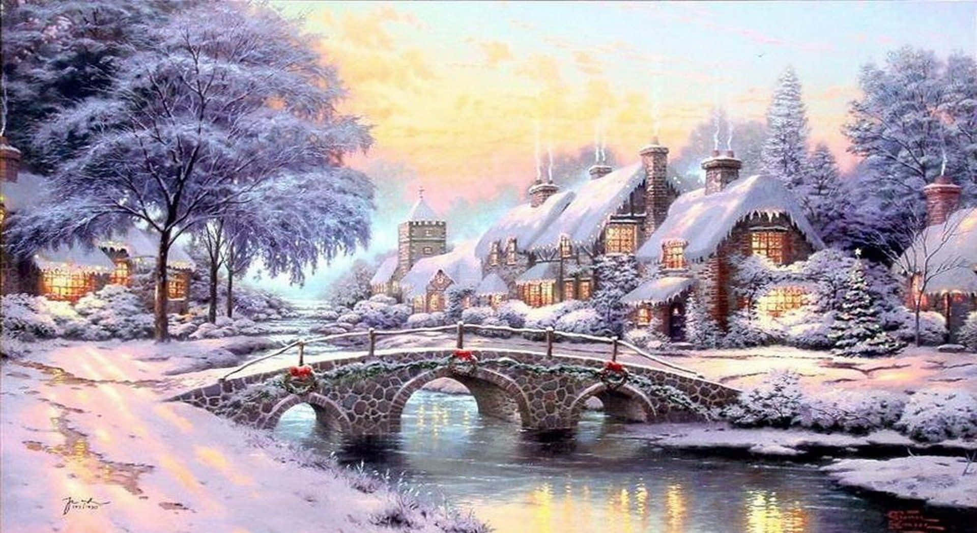 Winter Painting 桌布 壁紙 — 一座被雪覆蓋的石橋在黃昏時分拱跨一條平靜的河流，位於一個舒適的村莊，窗戶發光，樹木結霜。