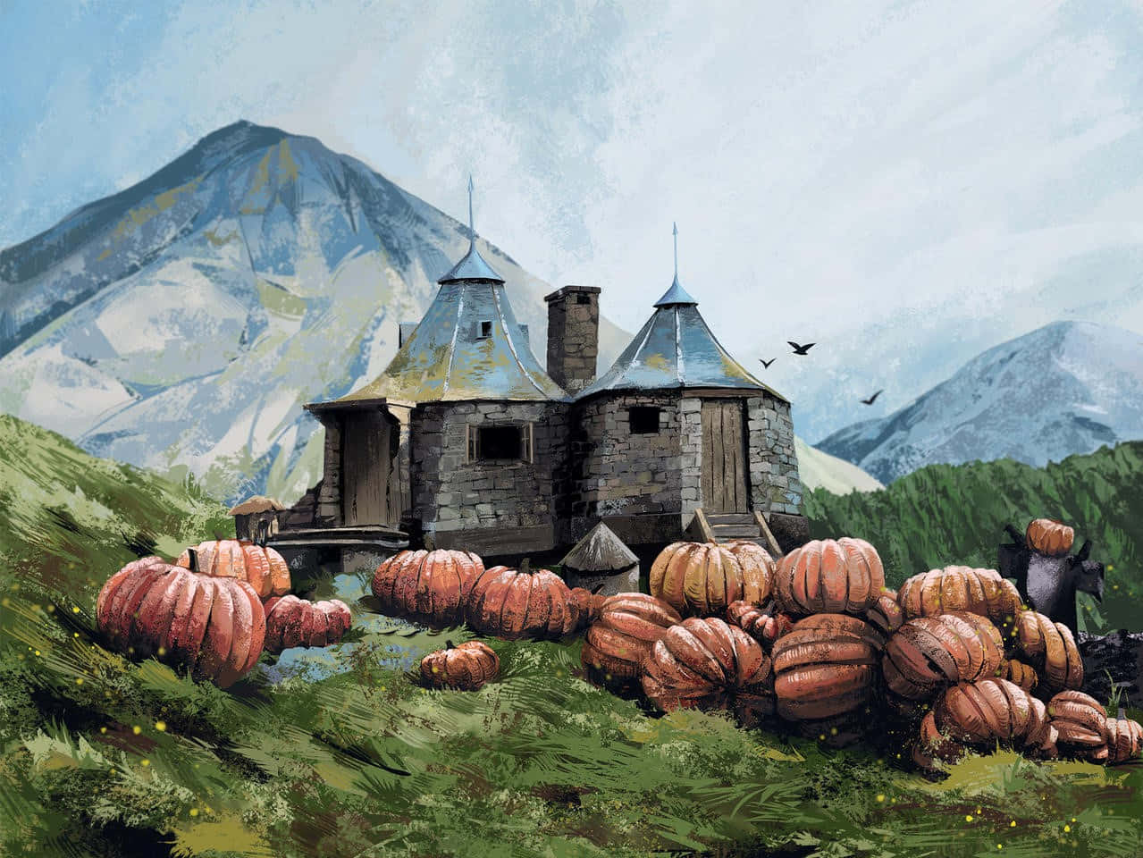 Hagrid's Hut 桌布 壁紙 — 一座質樸的石屋，擁有圓錐形屋頂，坐落在長滿青草的山丘上，周圍環繞著巨大的南瓜，背景是白雪皚皚的山脈。