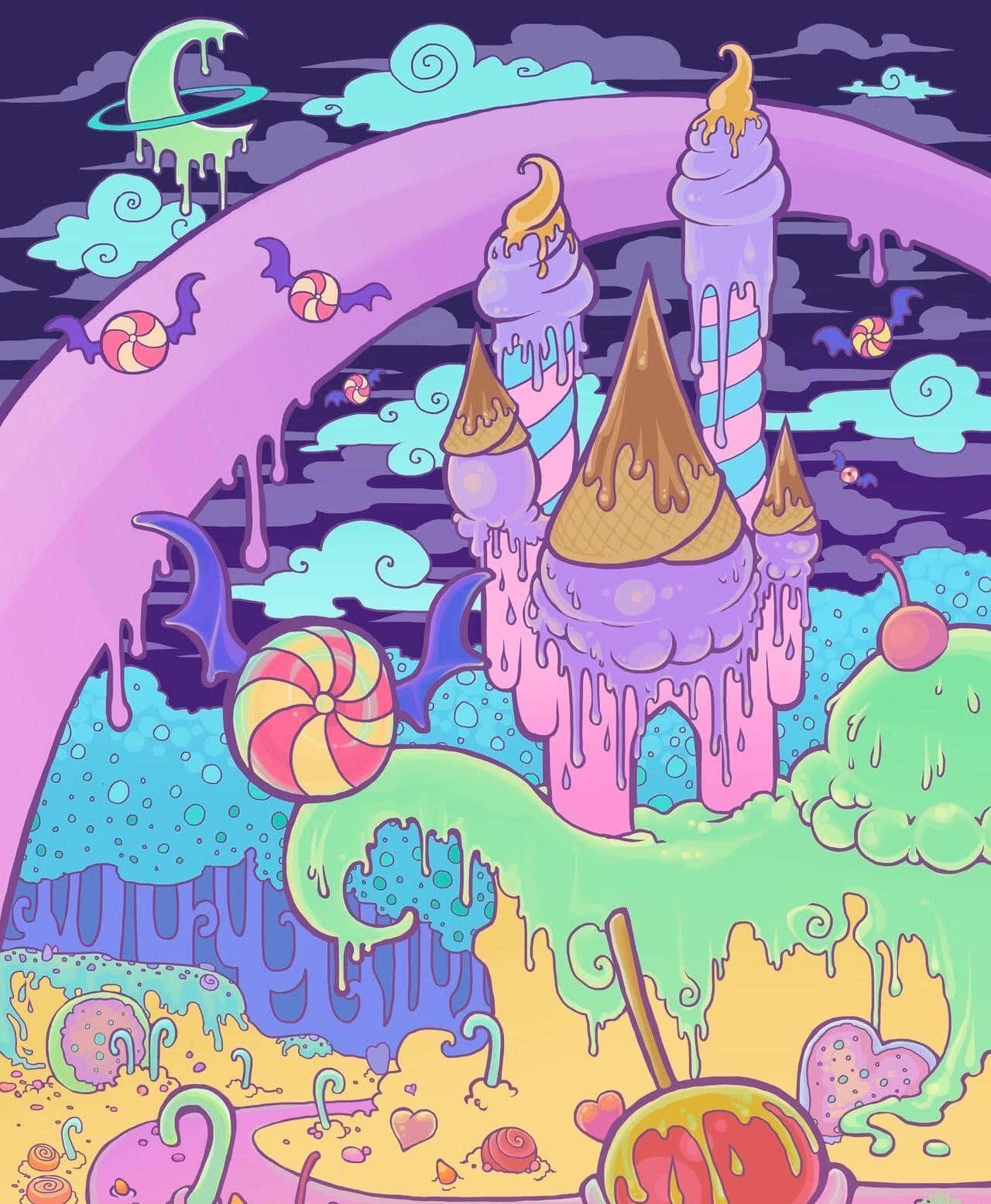 Candy Land 桌布 壁紙 — 一座超現實的糖果城堡，有融化的雪糕塔和棒棒糖樹，在滴落的彩虹天空下。