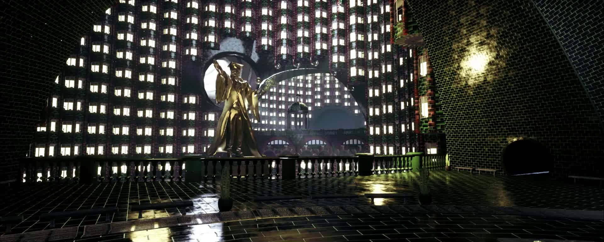 The Ministry Of Magic 桌布 壁紙 — 一座金色雕像在夜晚矗立在濕漉漉的瓷磚陽台上，背景是高聳的建築物，窗戶閃爍著光芒。