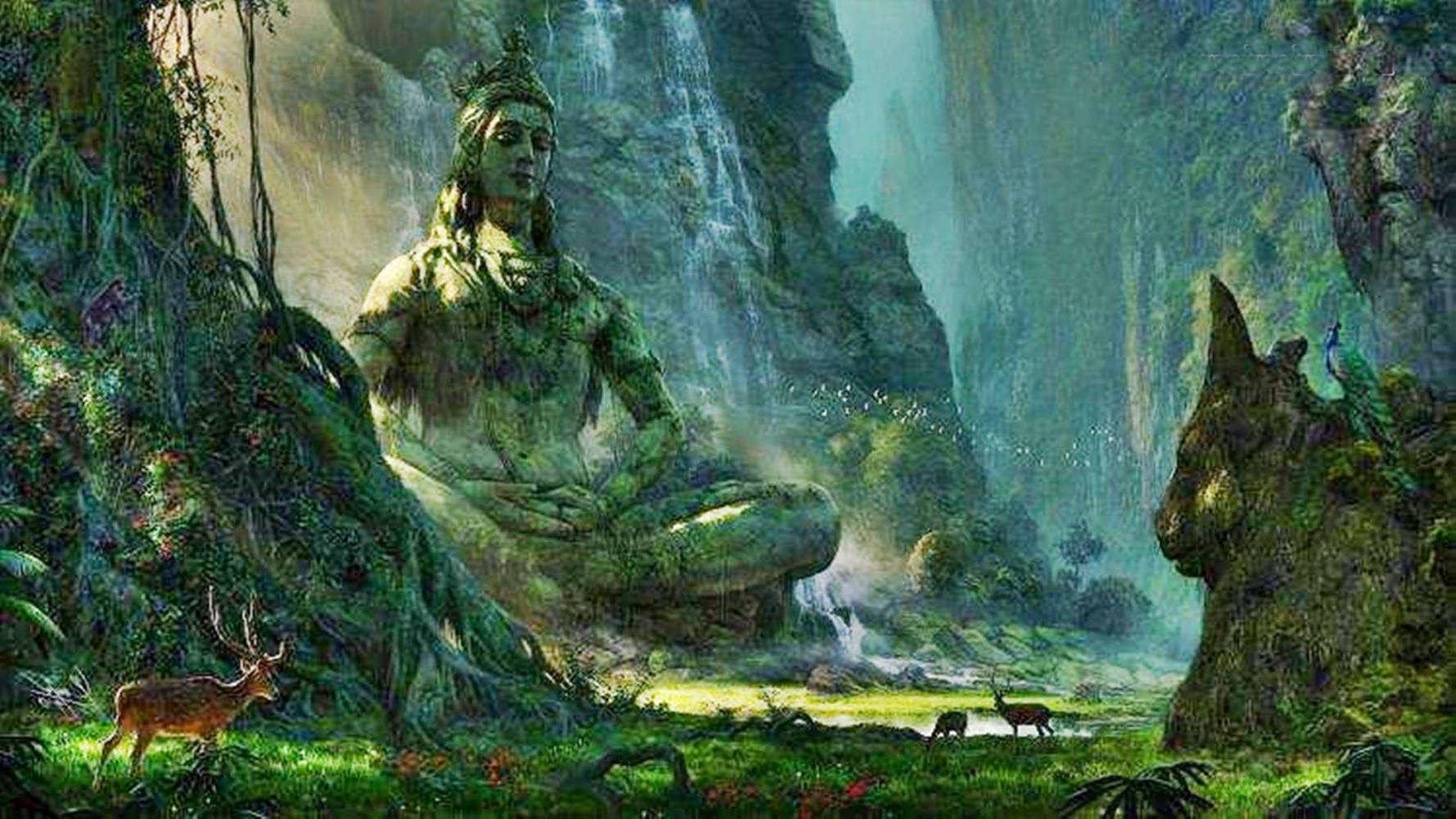 Mountain 桌布 壁紙 — 一座長滿青苔的巨大石像，一位寧靜的神明在茂密叢林的瀑布下冥想，附近有鹿在吃草。