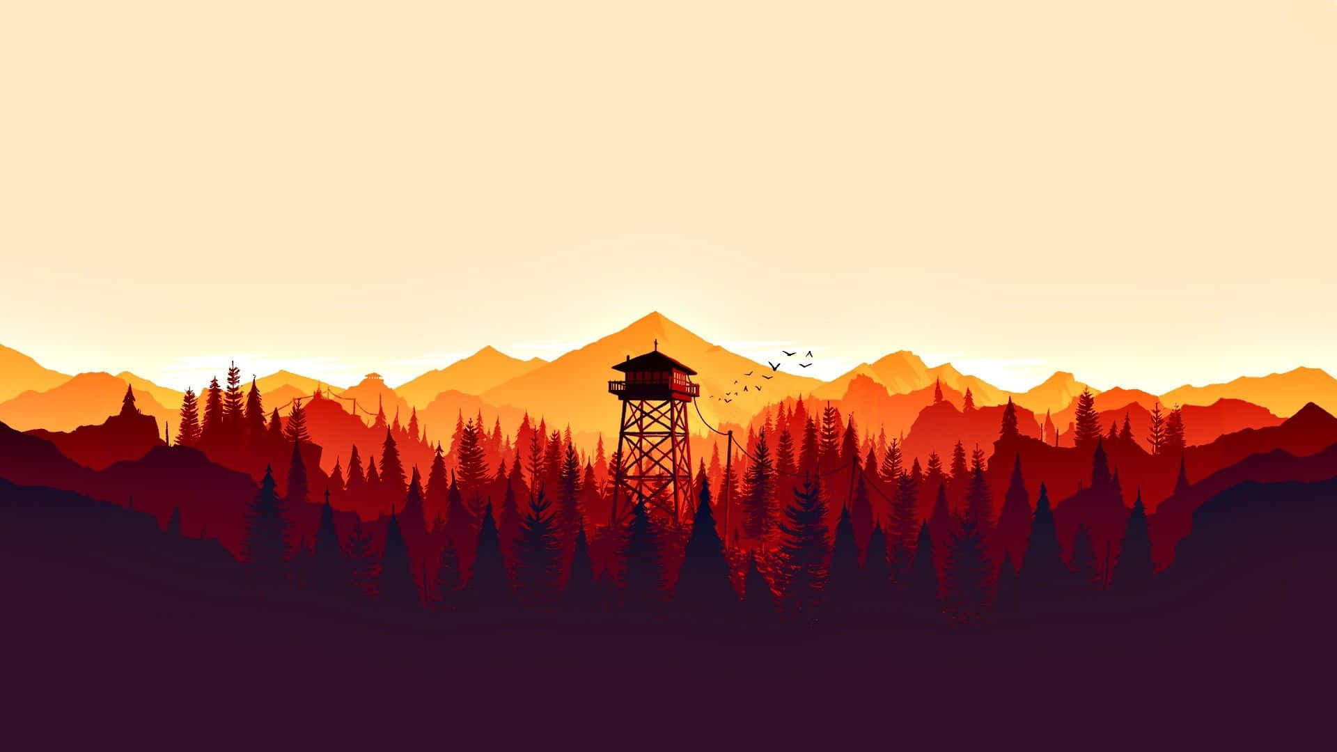Firewatch 桌布 壁紙 — 一座防火瞭望塔聳立在森林中，背景是日落時分的山脈，頭頂有鳥兒飛翔。