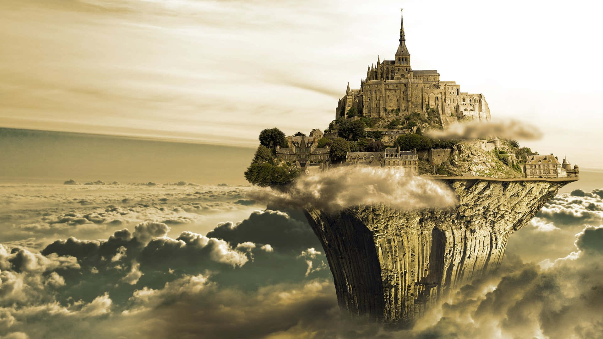 Laputa Castle In The Sky 桌布 壁紙 — 一座雄偉的中世紀修道院坐落在漂浮的懸崖上，周圍環繞著漩渦狀的雲彩，金色天空下。