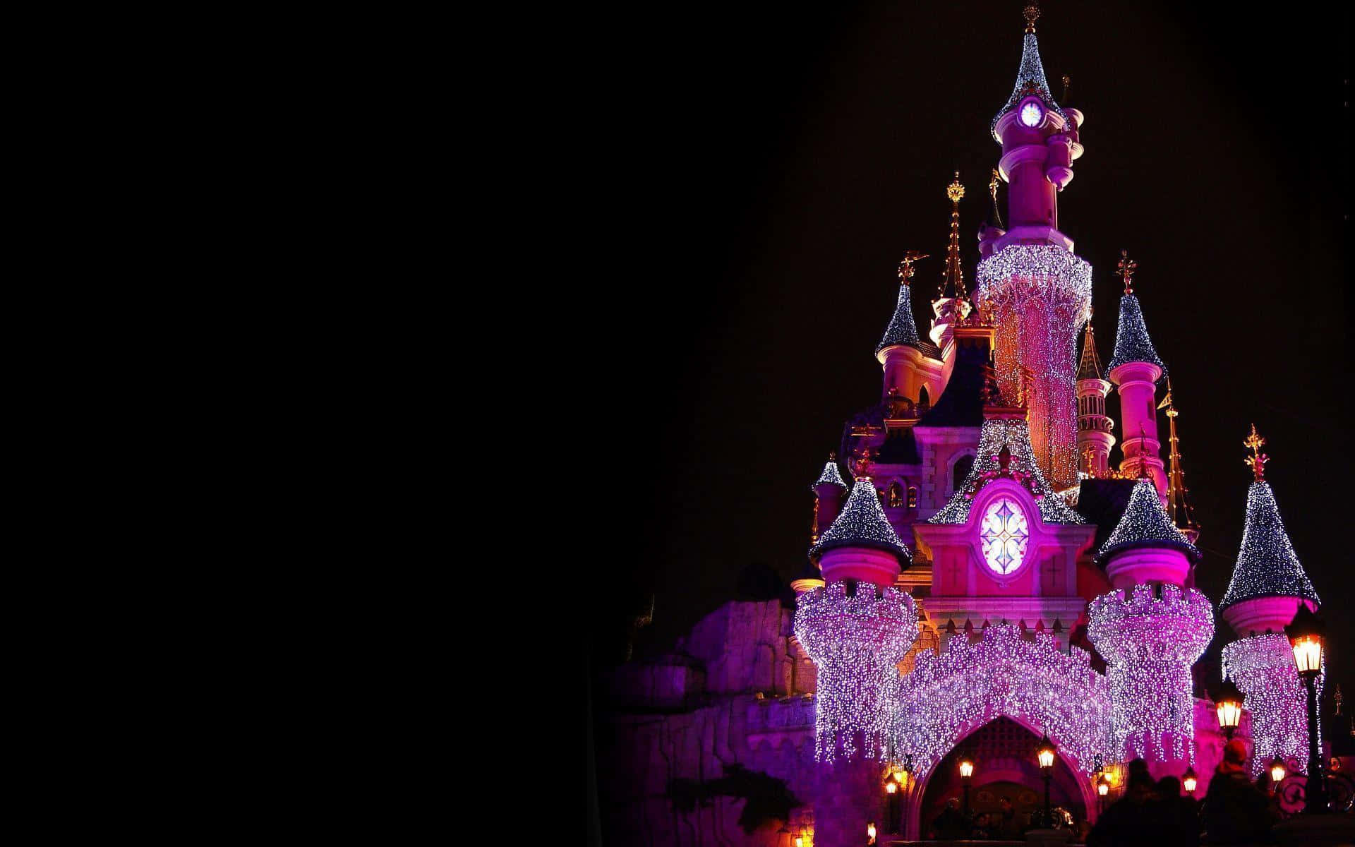 Disneyland 桌布 壁紙 — 一座雄偉的城堡，在黑暗的夜空下被鮮豔的紫色和白色燈光照亮。