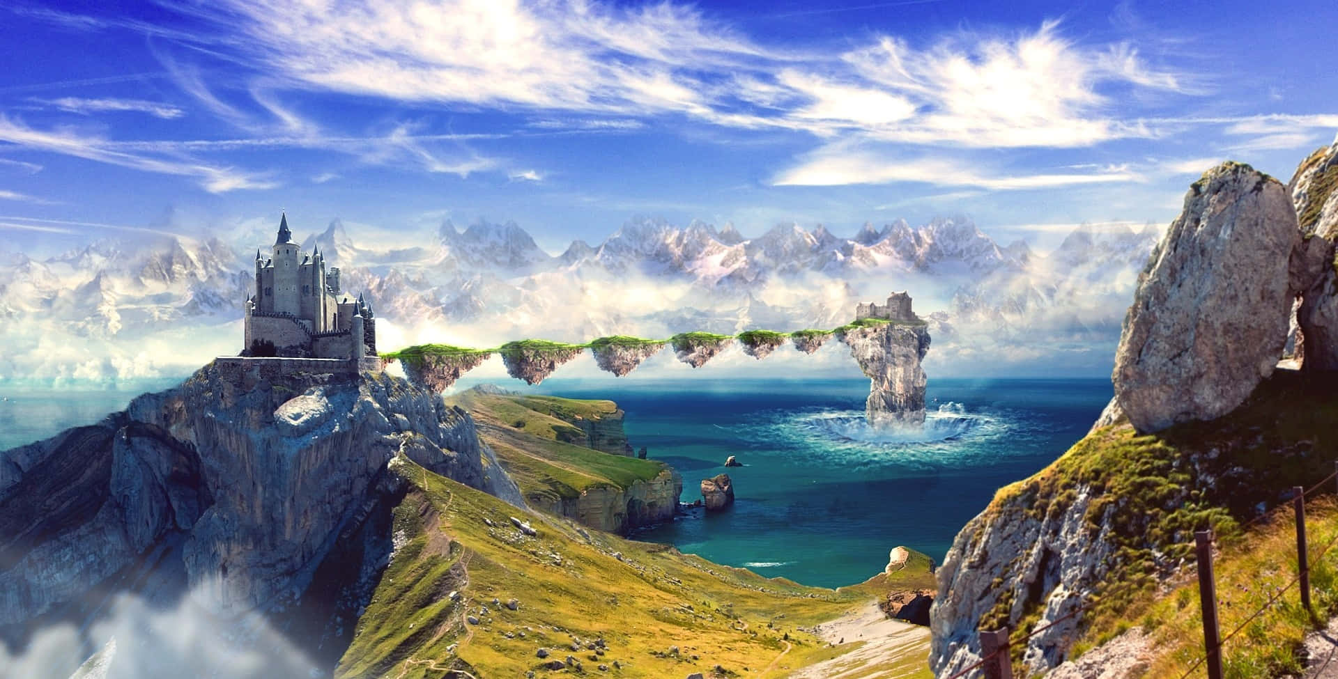 3d Landscape 桌布 壁紙 — 一座雄偉的城堡坐落在懸崖上，俯瞰著一個有浮島和遠處雪山的大海，天空湛藍明亮。