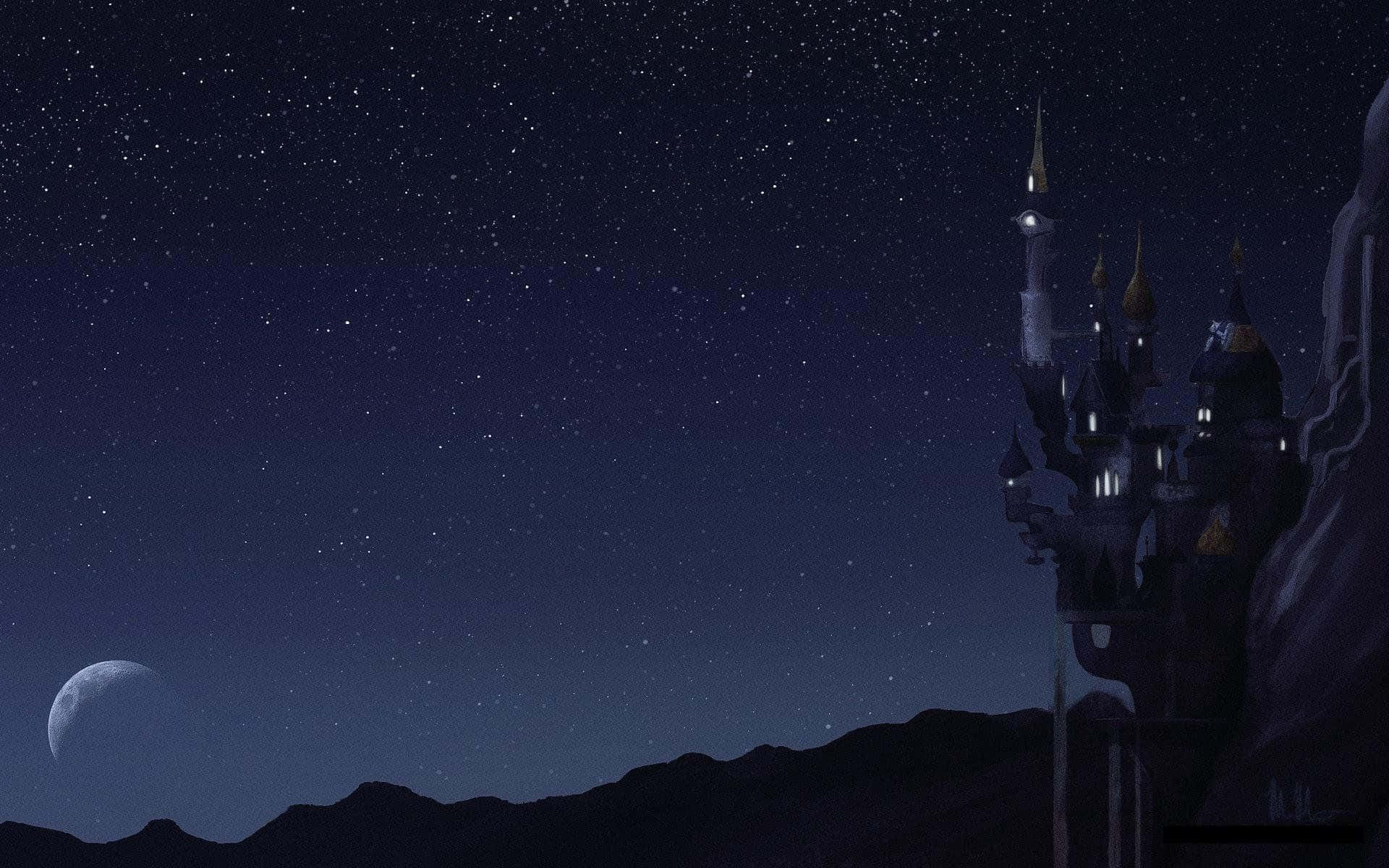 Chilly Night 桌布 壁紙 — 一座雄偉的城堡坐落在懸崖上，星空下，一彎新月在遠山之上柔和地閃耀。