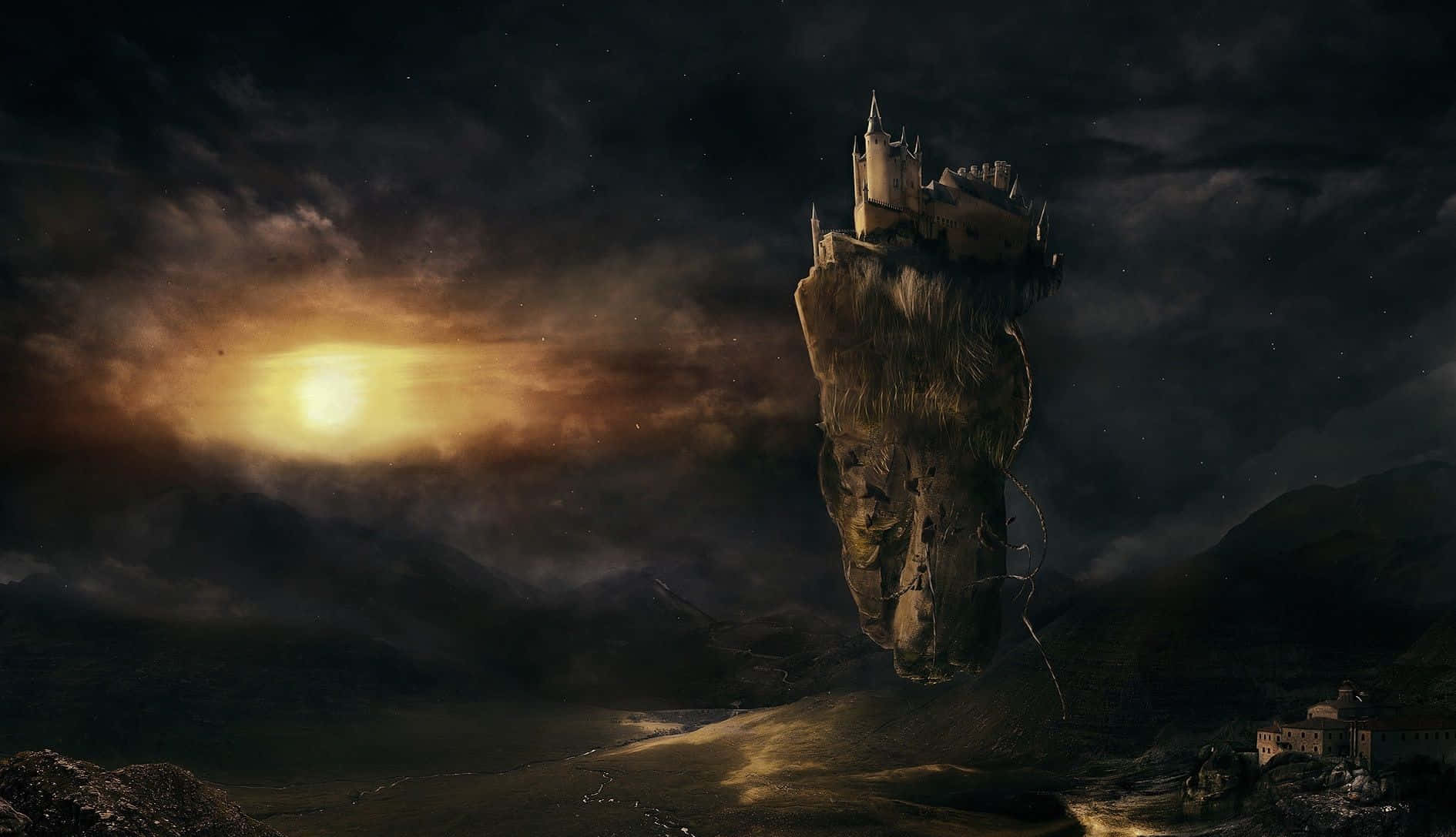 Laputa Castle In The Sky 桌布 壁紙 — 一座雄偉的城堡棲息在浮石之上，在戲劇性的暮色天空下，伴隨著一顆發光的太陽若隱若現。