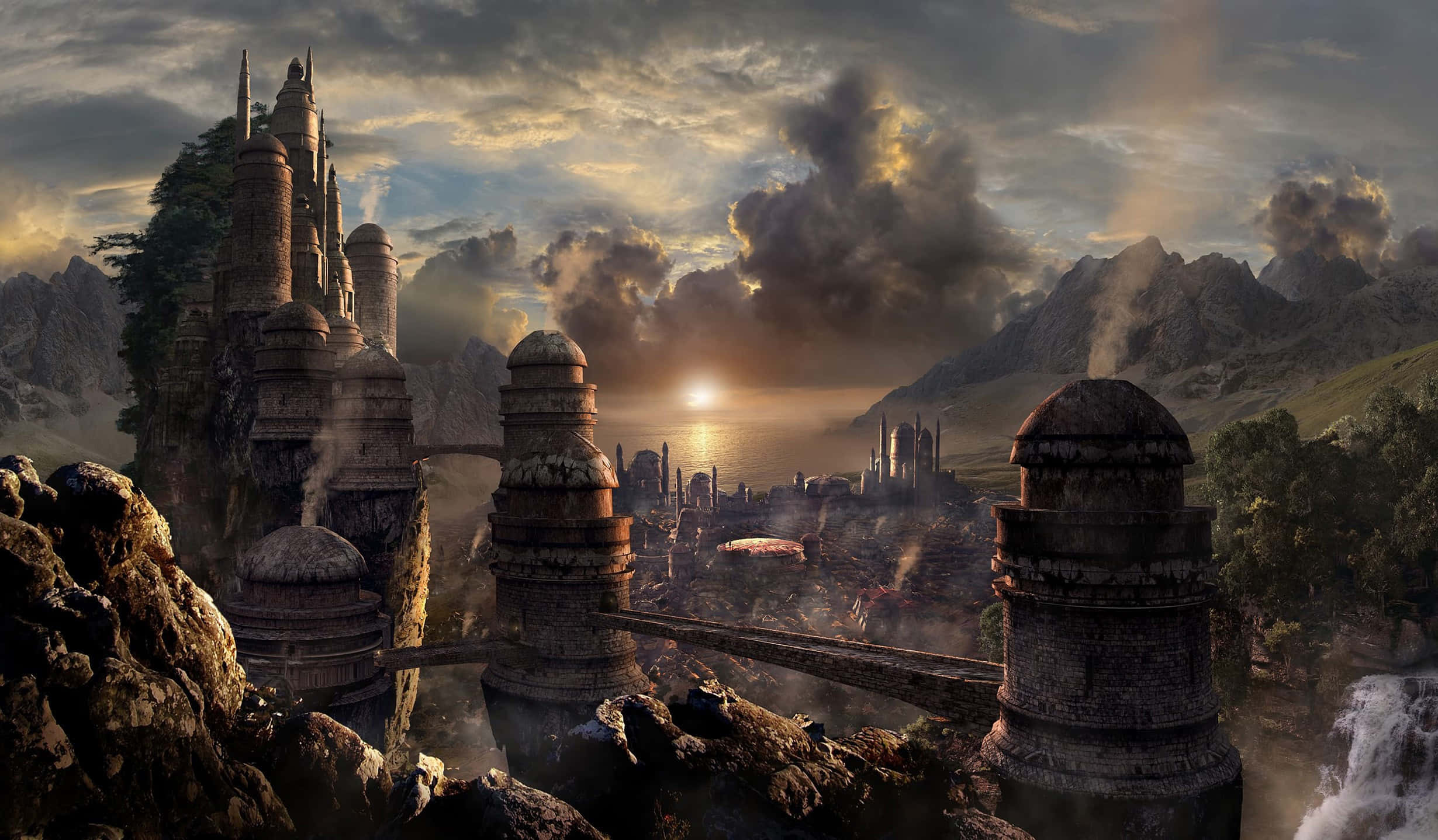 Skyrim Landscapes 桌布 壁紙 — 一座雄偉的奇幻城堡坐落在懸崖上，俯瞰著金色日落時分霧氣瀰漫的山谷，遠處有山脈和瀑布。