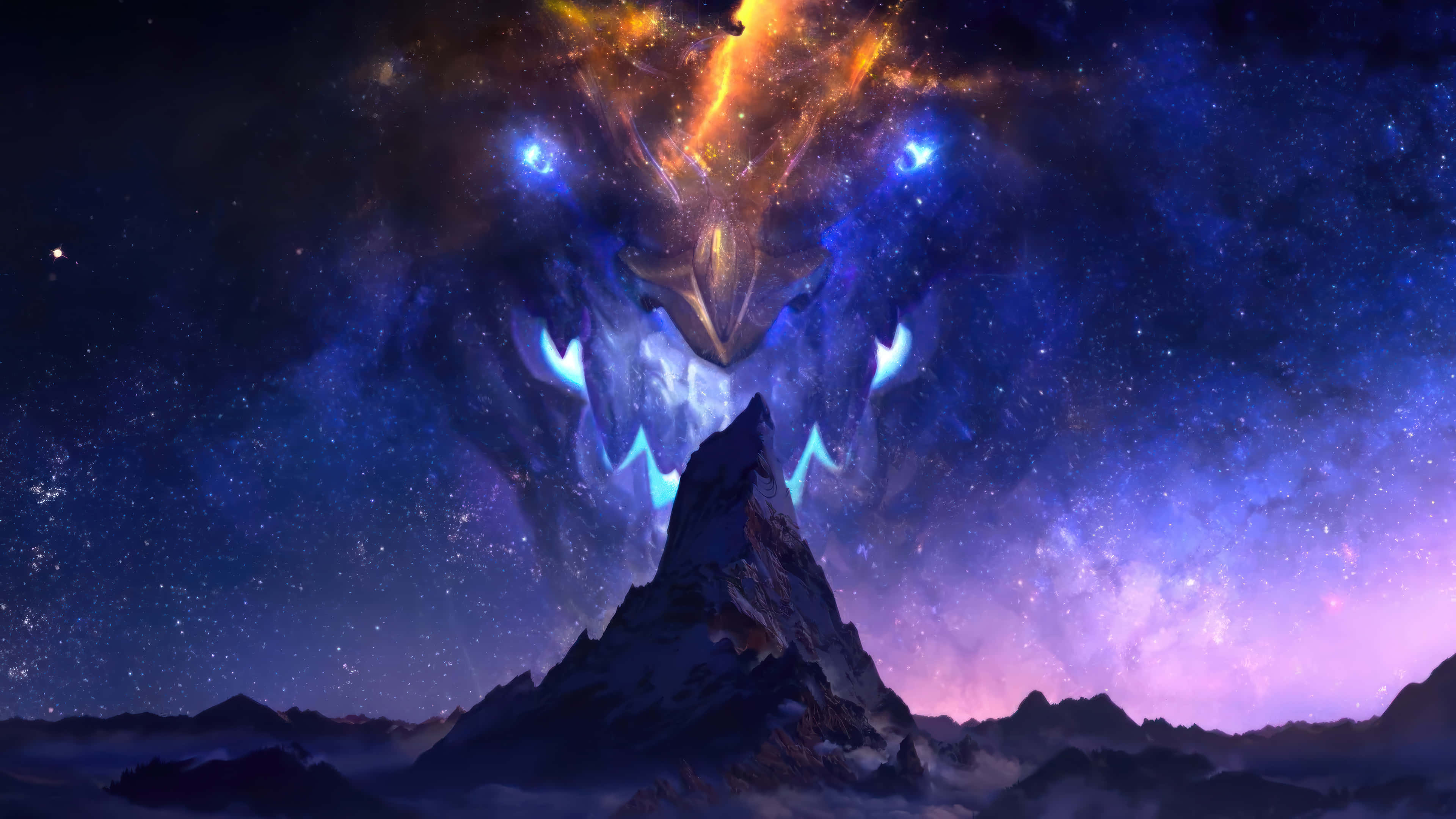 League Of Legends Champions 桌布 壁紙 — 一座雄偉的山峰在宇宙天空下升起，上方懸著一個發光的龍形星雲，有著銳利的藍色眼睛。