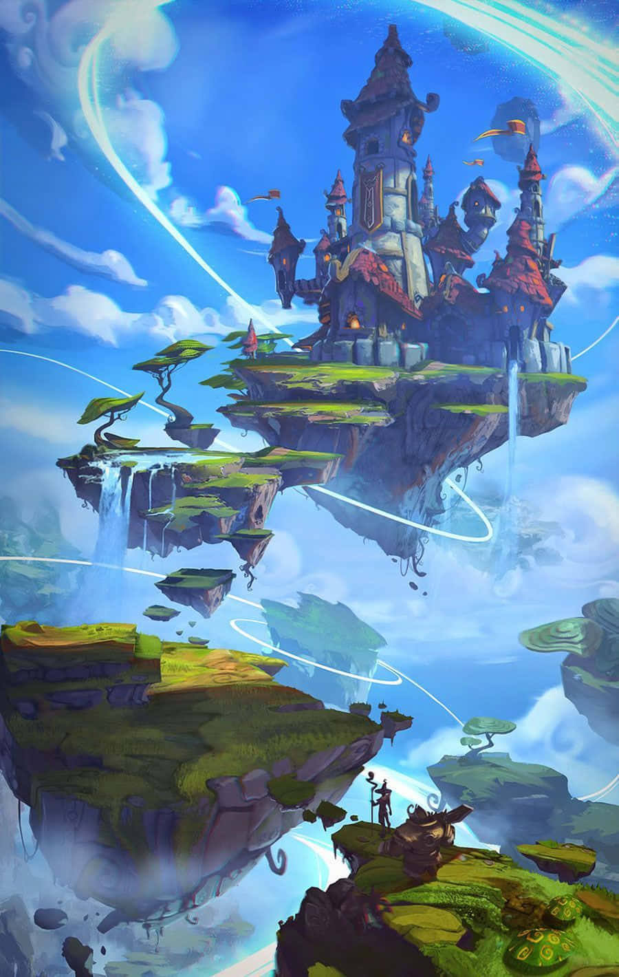Game Design 桌布 壁紙 — 一座雄偉的漂浮城堡坐落在一個鬱鬱蔥蔥的綠色島嶼上，背景是充滿活力的藍天，有旋轉的雲朵和傾瀉而下的瀑布。
