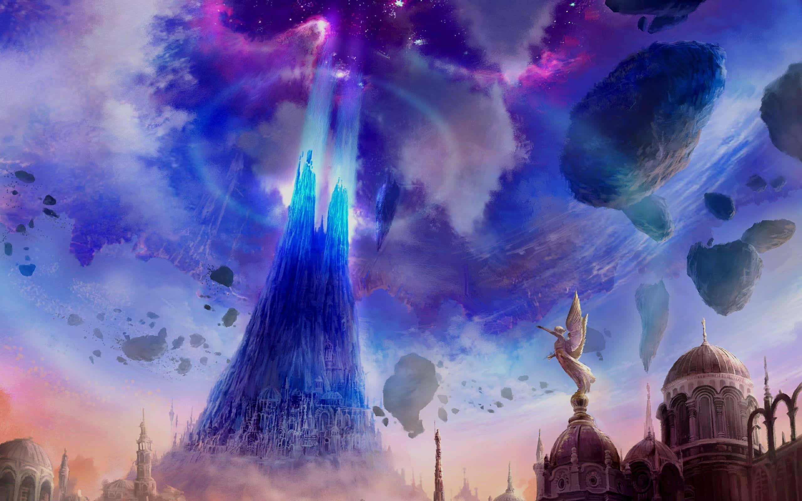 To Your Eternity 桌布 壁紙 — 一座雄偉的發光藍色尖塔刺穿充滿浮動小行星和鮮豔紫色雲彩的宇宙天空，下方是奇幻城市景觀。