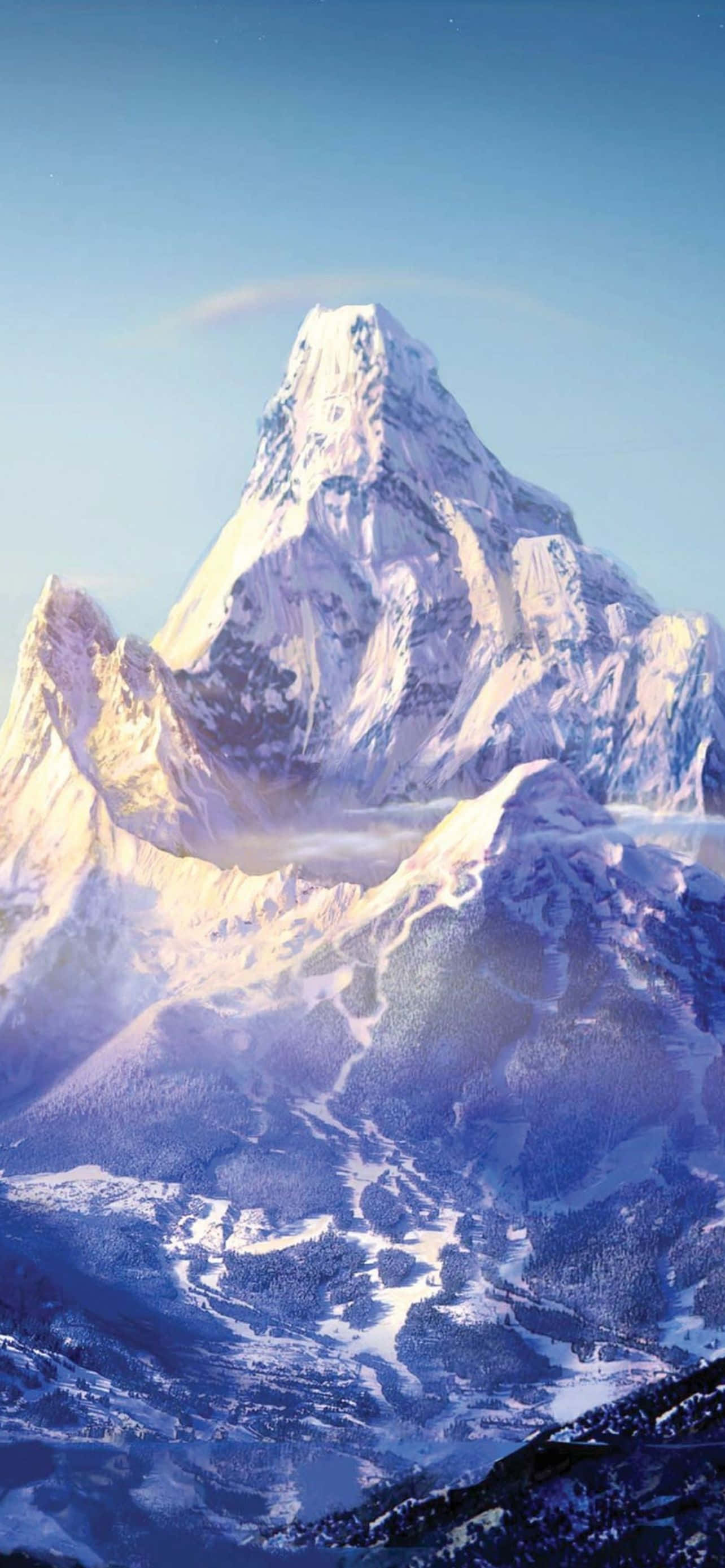 Mountain iPhone 桌布 壁紙 — 一座雄偉的雪山峰頂在清澈的藍天下陡峭聳立，柔和的金色光芒照亮了其冰脊。