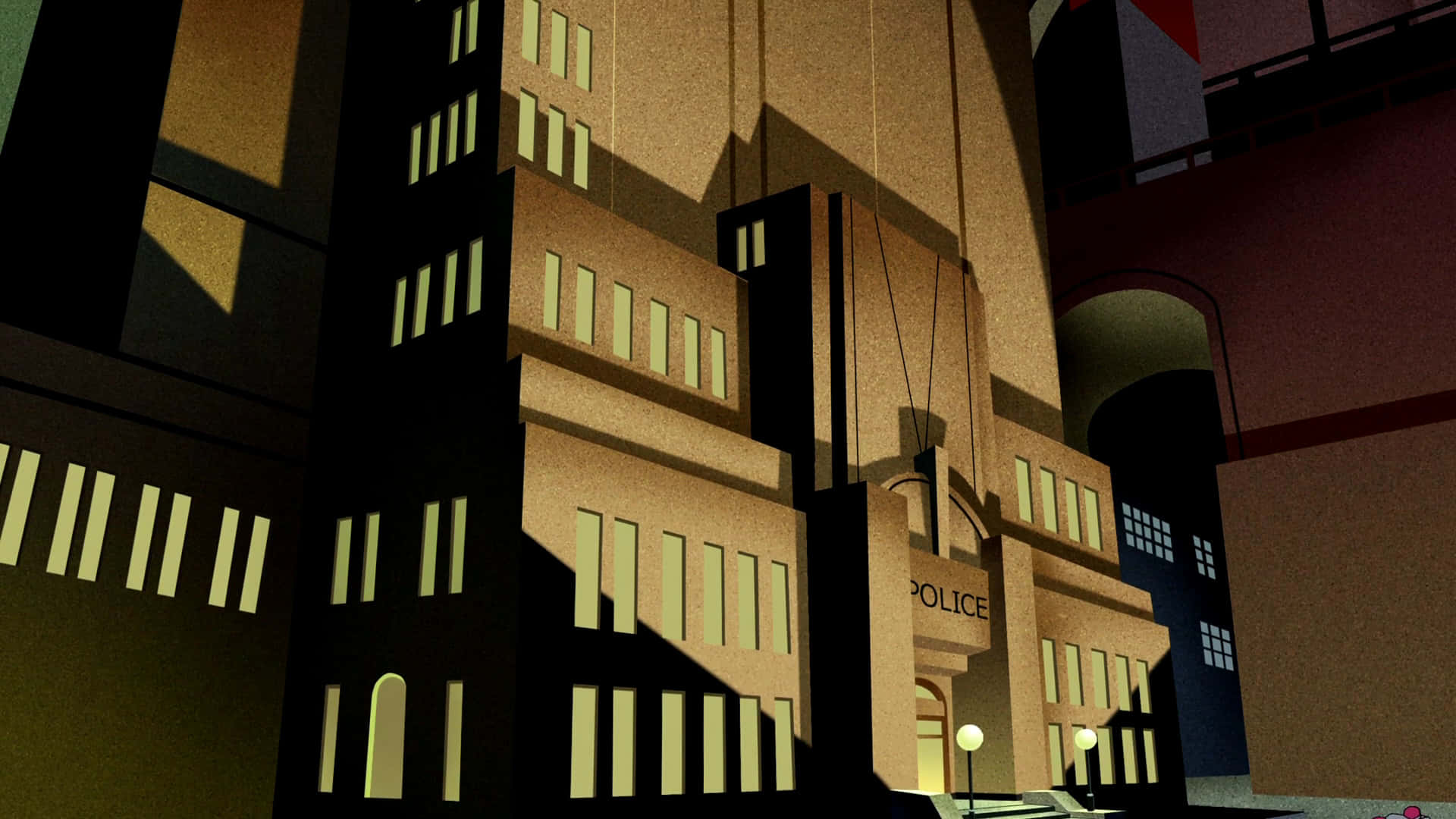 Gotham City Police Department 桌布 壁紙 — 一座風格化的數碼藝術警察局建築，沐浴在戲劇性的黃金時刻光線中，帶有銳利的幾何陰影。