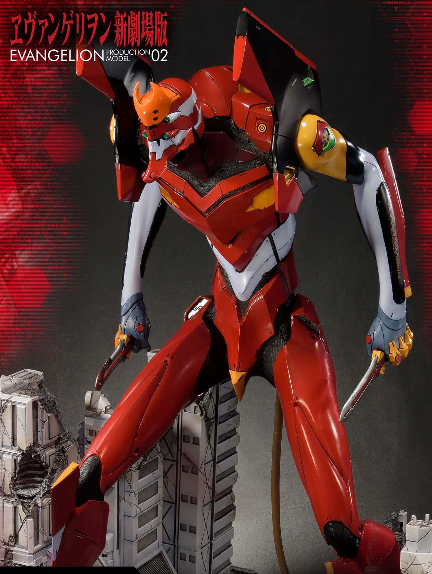 Eva-02 桌布 壁紙 — 一座高大的紅色 Evangelion Unit-02 佇立在破碎的城市廢墟中，在戲劇性的紅光下手持兩把刀。