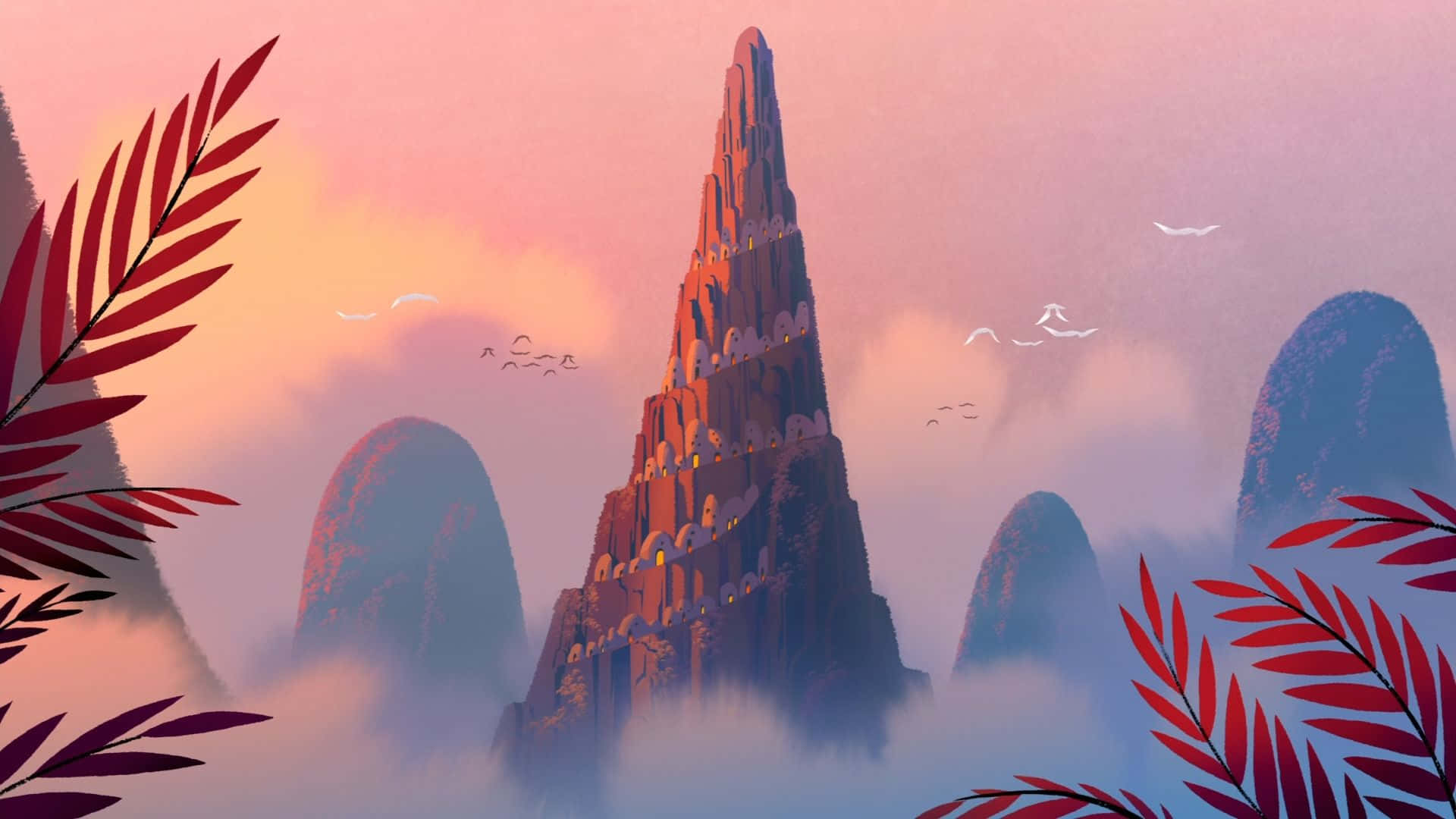 samurai jack 桌布 壁紙 — 一座高聳、雕刻精細的山中堡壘在黎明時分從霧氣中升起，以鮮紅的樹葉和剪影鳥兒為框景。