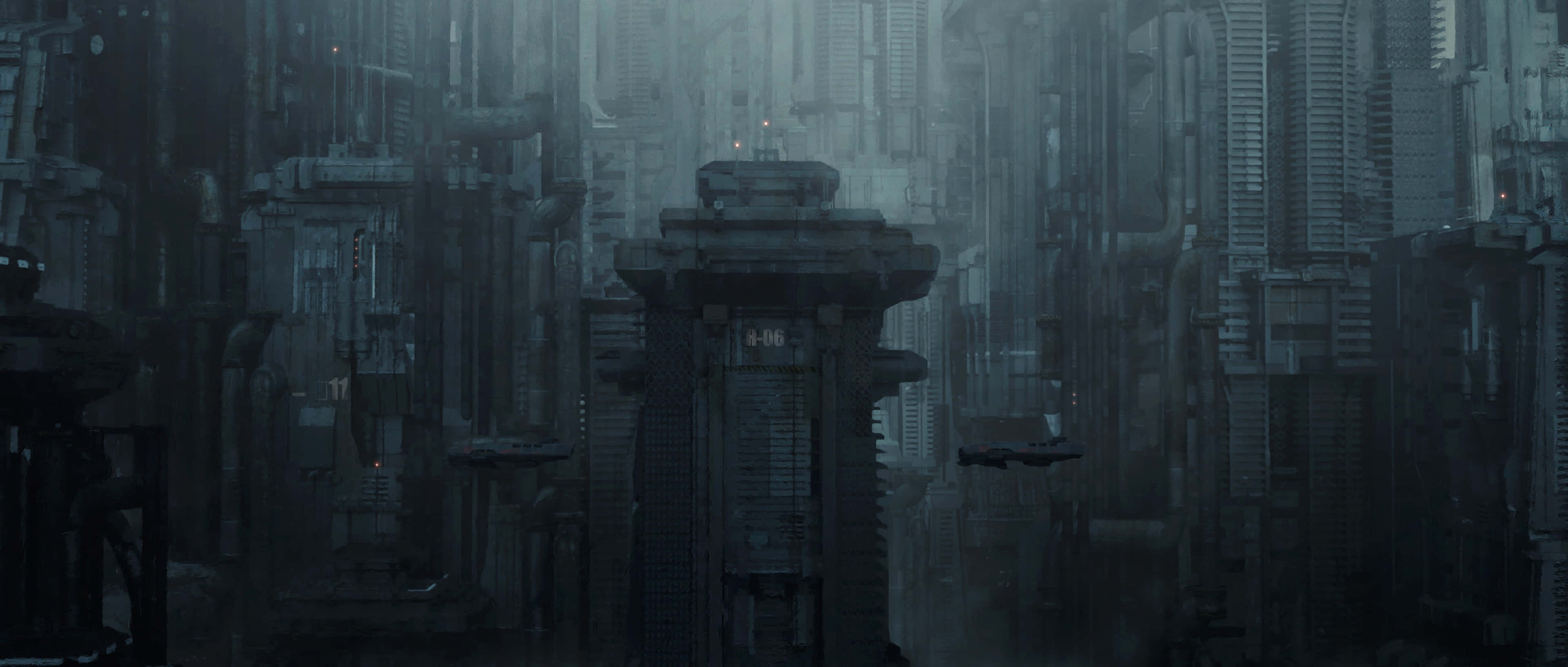 Dark Dystopian 桌布 壁紙 — 一座高聳入雲、被雨水浸濕的賽博龐克城市景觀，籠罩在迷霧中，霓虹燈牌在陰暗處隱約發光。