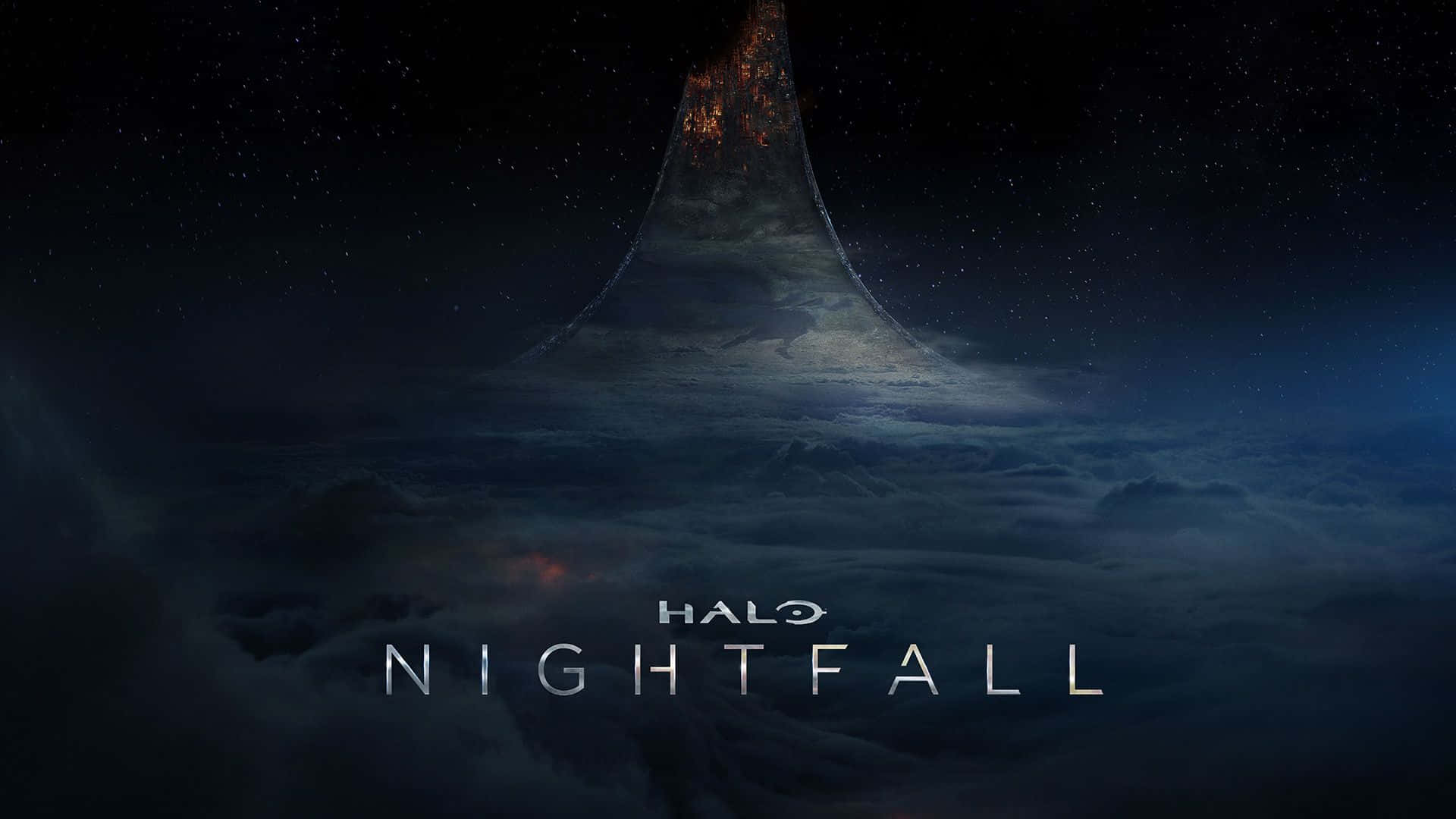 Halo Ark 桌布 壁紙 — 一座高聳發光的巨石柱穿過星夜天空，位於旋轉雲層之上，下方照亮著 Halo Nightfall 標題。
