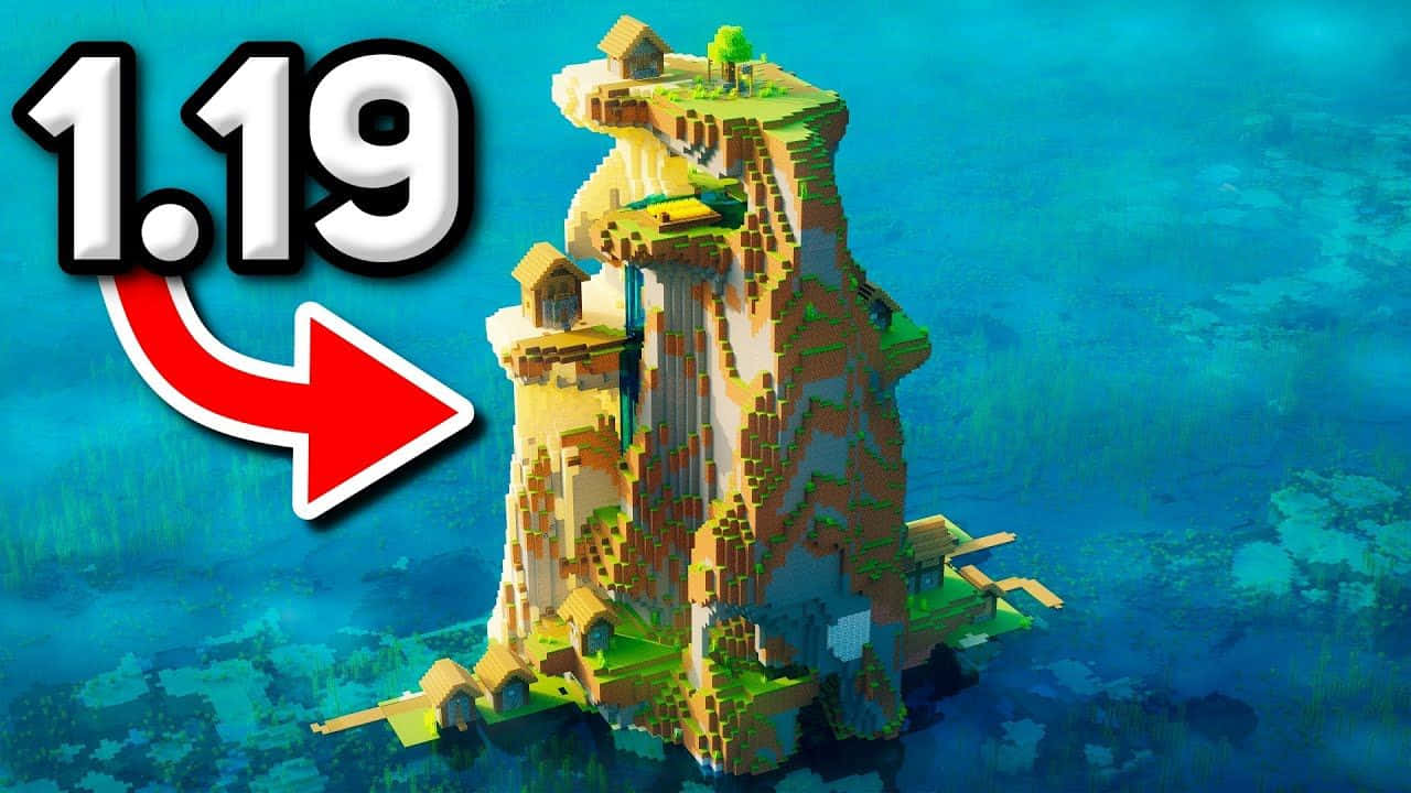 Minecraft Bedrock Edition 桌布 壁紙 — 一座高聳的像素化島嶼堡壘從鮮豔的藍色海水中升起，其塊狀懸崖頂部有木屋和綠植。