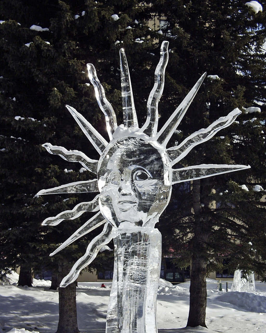 Ice Sculpture 桌布 壁紙 — 一座高聳的冰雕，描繪太陽臉孔的人物，散發著光芒，矗立在白雪覆蓋的公園中，周圍是常青樹。