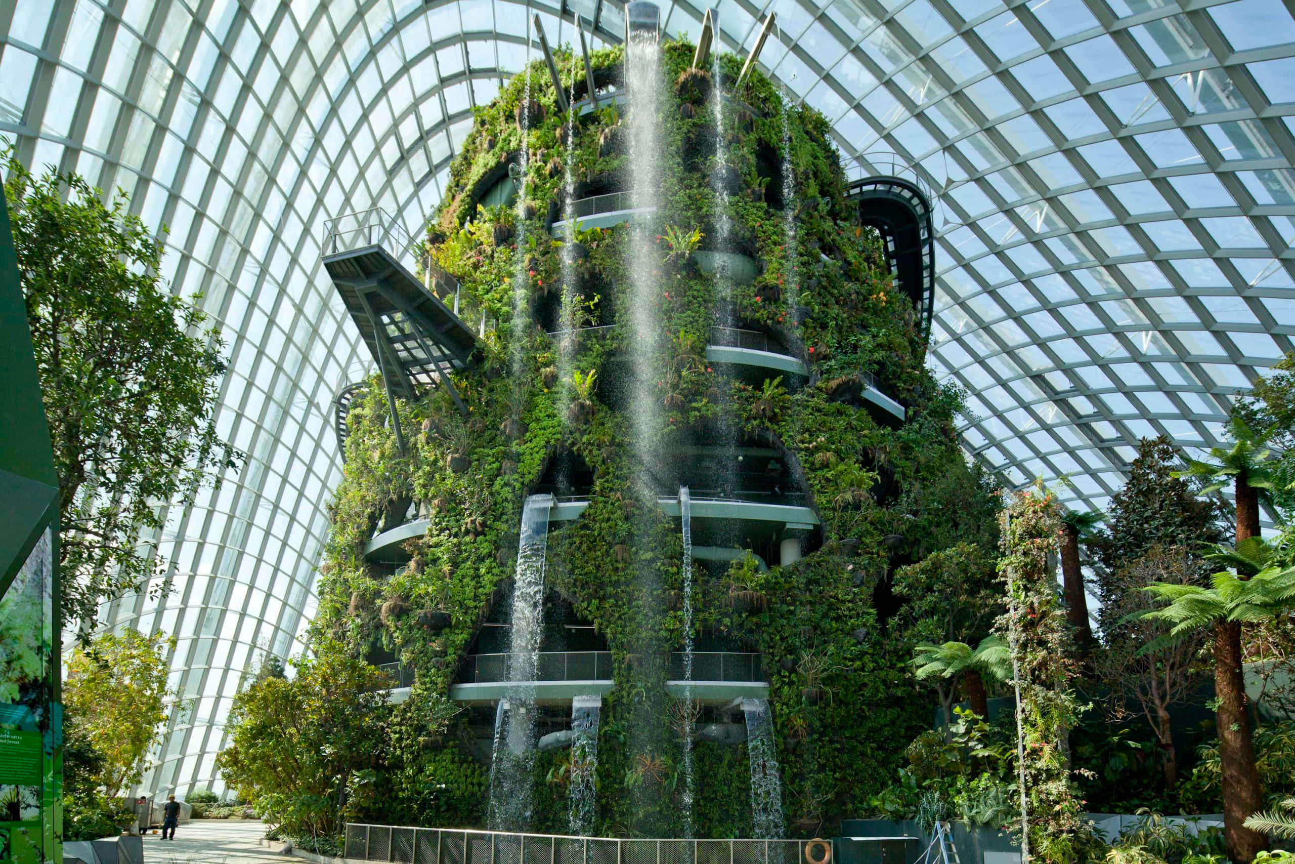 Botanical Garden 桌布 壁紙 — 一座高聳的垂直花園，瀑布層疊，在寬闊的玻璃穹頂下，於茂密的室內溫室中茁壯成長。