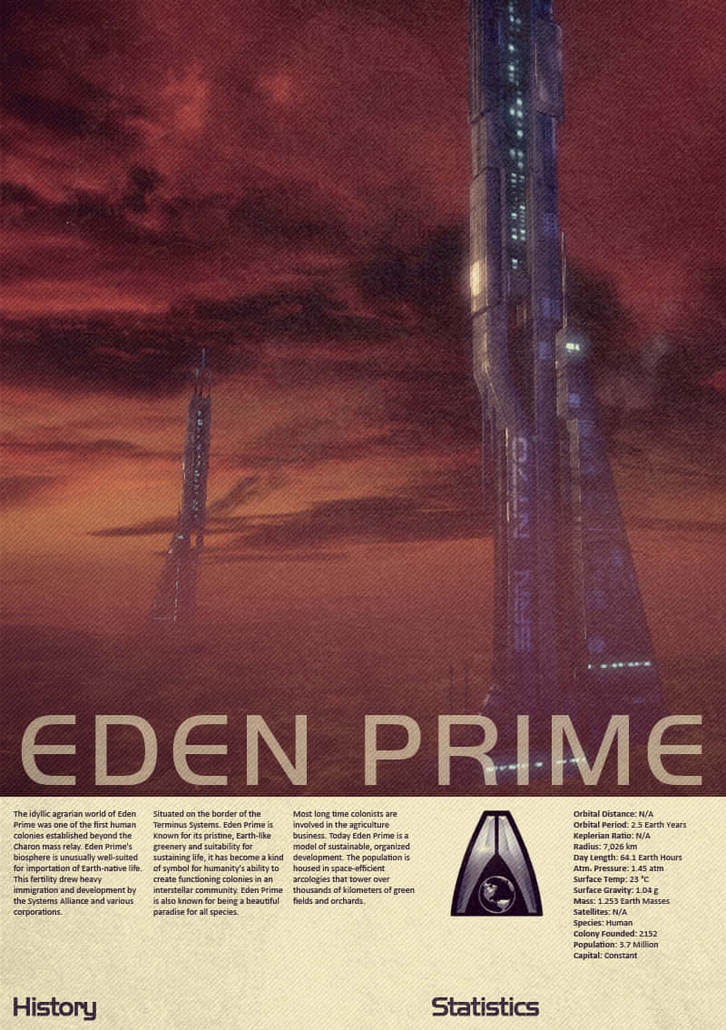 Mass Effect Trilogy 桌布 壁紙 — 一座高聳的太空電梯刺穿火紅的暮色天空，下方是鬱鬱蔥蔥的綠色星球伊甸園Prime。