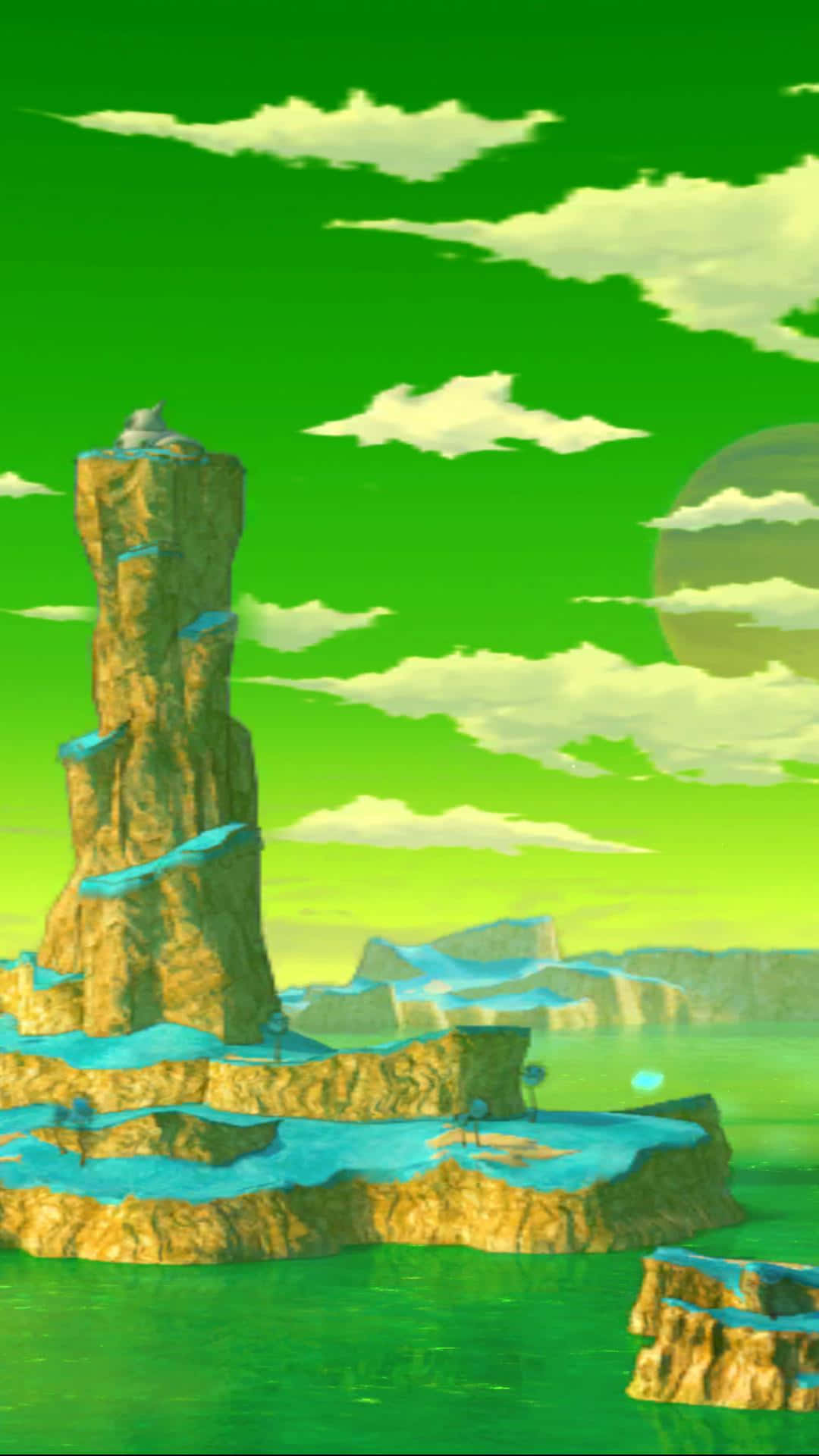 Namek 桌布 壁紙 — 一座高聳的岩石尖塔從碧綠色的水中升起，上方是鮮綠色的天空和蓬鬆的白雲。